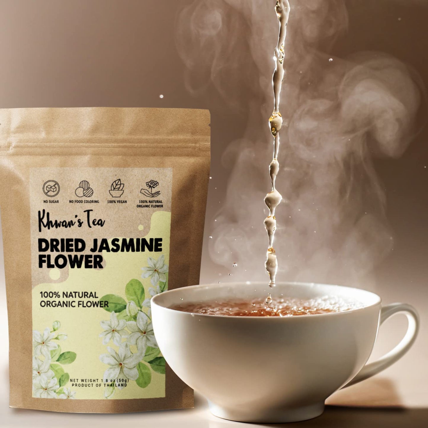KHWAN'S TEA Dried Jasmine Flowers - Thai-Grown Whole Buds, Hand-Picked & Sun-Dried - Caffeine-Free Loose Leaf Jasmine Flower Tea, Non-GMO, 1.76 oz