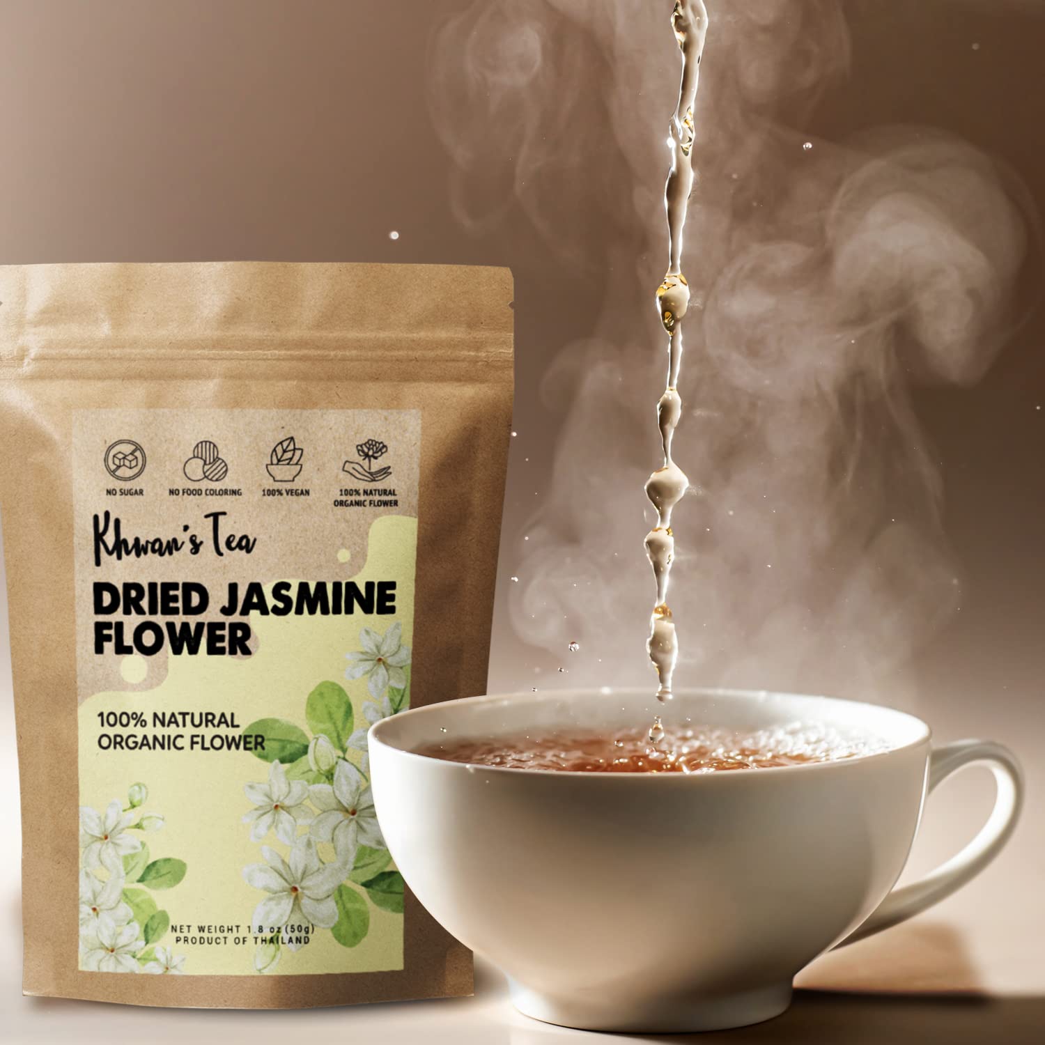 KHWAN'S TEA Dried Jasmine Flowers - Thai-Grown Whole Buds, Hand-Picked & Sun-Dried - Caffeine-Free Loose Leaf Jasmine Flower Tea, Non-GMO, 1.76 oz
