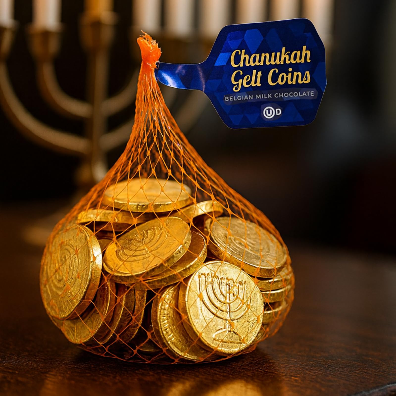 Rite Lite 50 Hanukkah Chocolate Coins, Gelt XL Bulk Mesh Bag Delicious Premium Belgian Milk Chocolate Gold Foiled Menorah OUD Kosher Certified