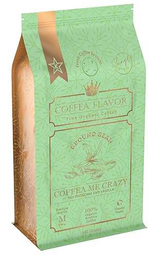 Coffea Me Crazy (Pistachio Vanilla) Flavored Ground Coffee, Organic Medium Roast, Single Origin Dominican Arabica, Naturally Flavored, No Added Sugar