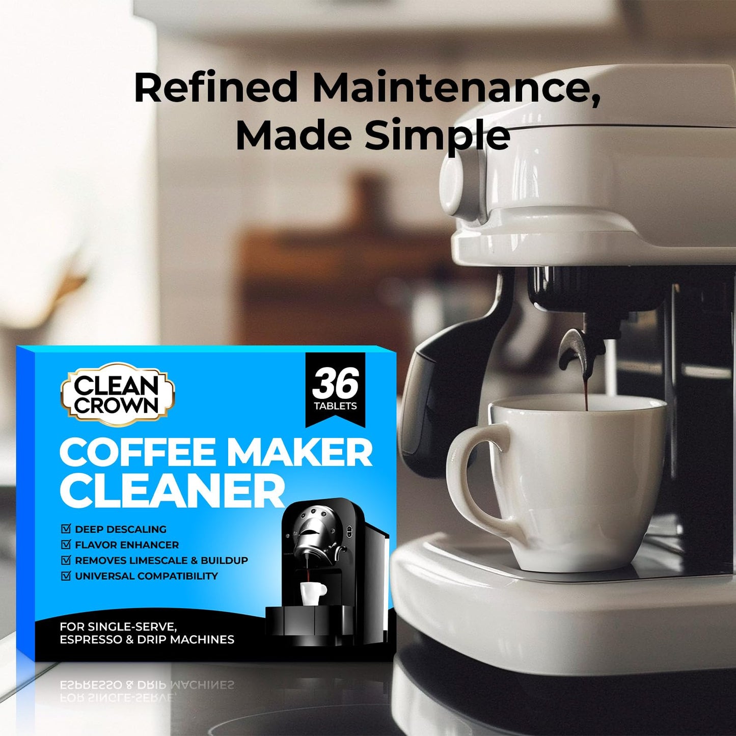 CleanCrown Coffee Maker Cleaner (36 Count), Cofee Maker Cleaner and Descaler, Coffee Machine Descalers, Espresso Machine Descaler Tabs for Brewer