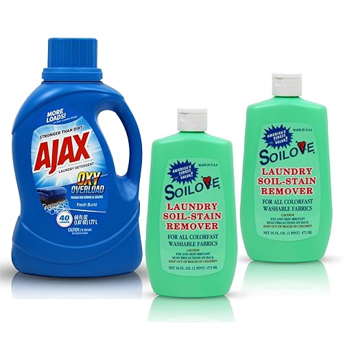 SOILOVE Stain Remover 16oz (2 Pack) + AJAX Oxy Overload Laundry Detergent 60oz (1 Pack) - Ultimate Laundry Solution for Tough Stains & Freshly Cleaned