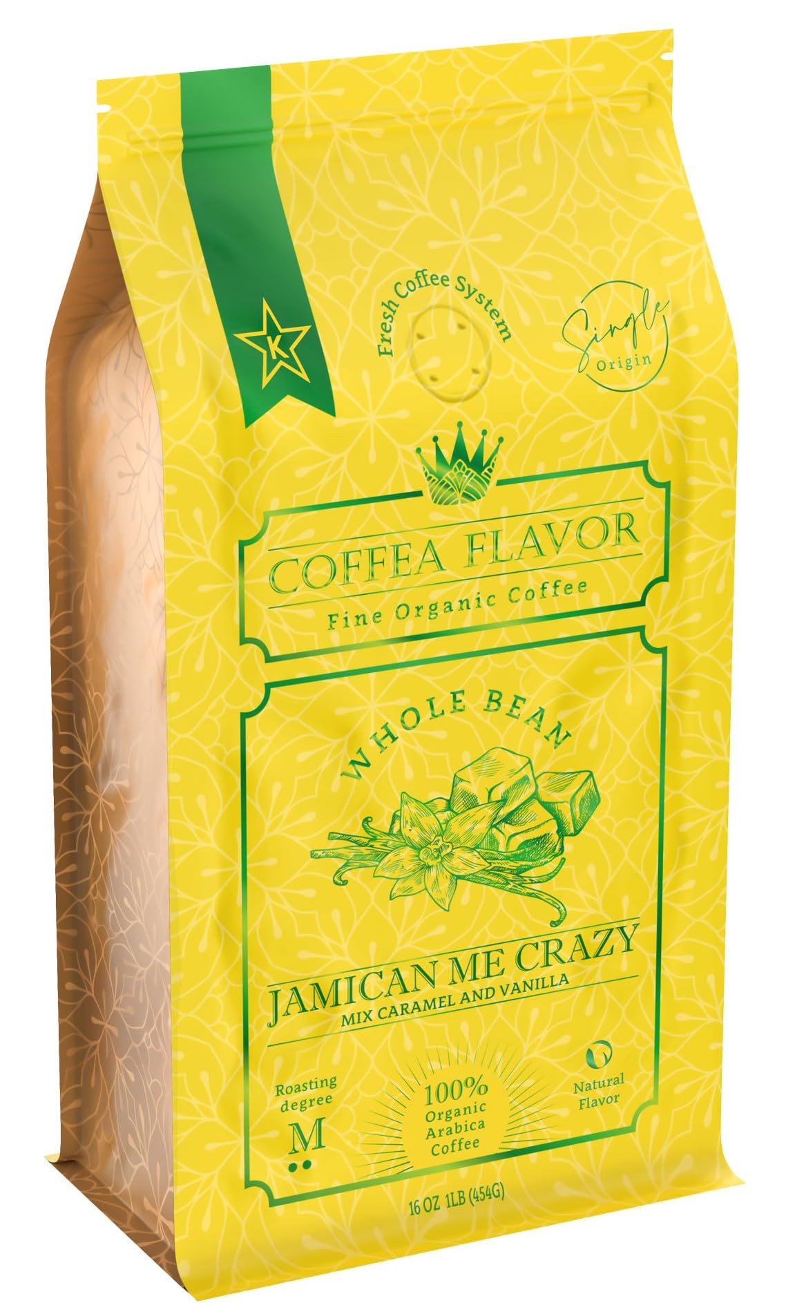 Jamaican Me Crazy Whole Bean Coffee - 100% Arabica, Single Origin, Medium Roast, Naturally Sweetened, Caramel and Vanilla Flavored - Perfect for Cold