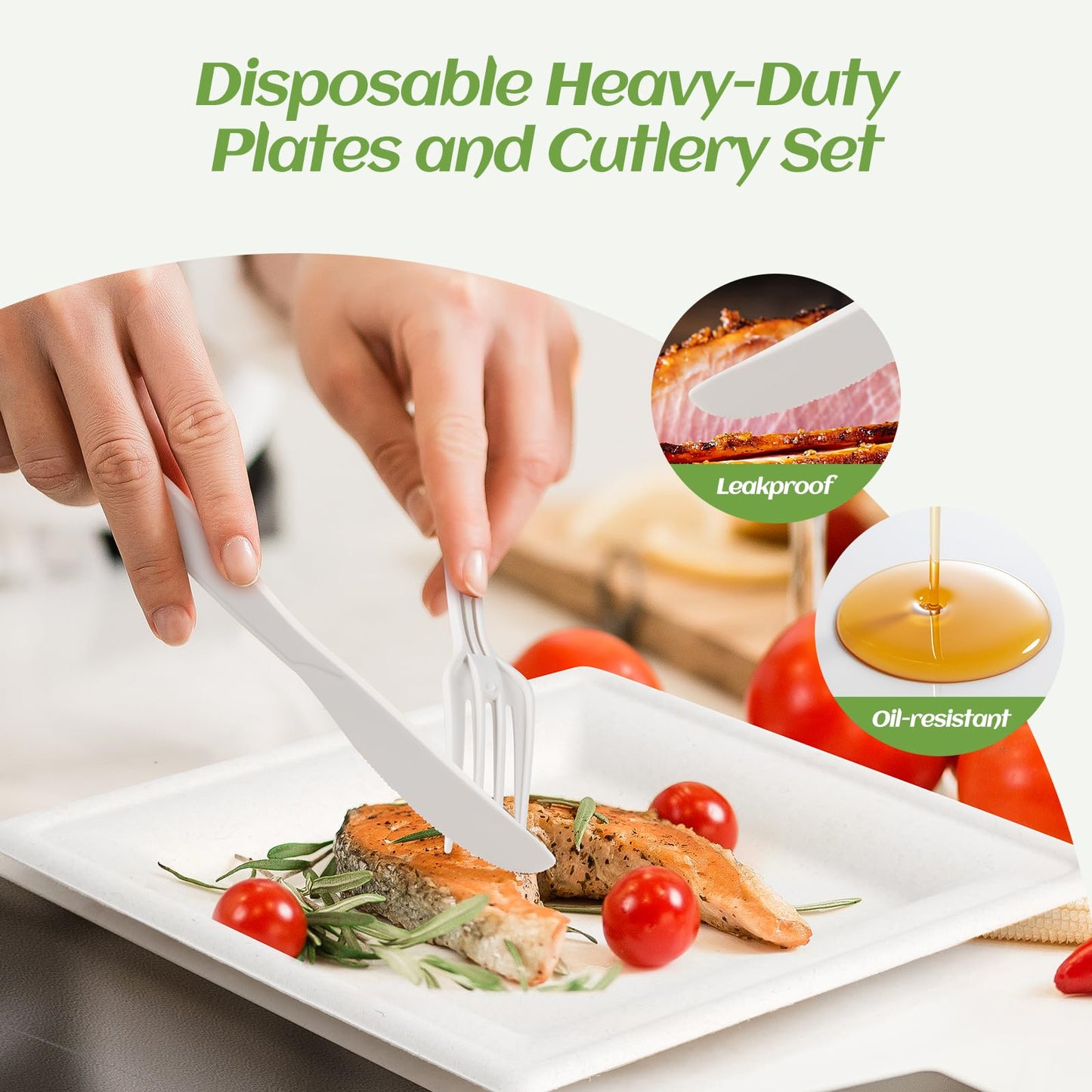 Compostable Disposable Paper Plates Set -[300 Pcs]10 inch 8 inch Heavy Duty Biodegradable Square Plates and Spoons,Forks,Knives,Napkins-Eco-Friendly