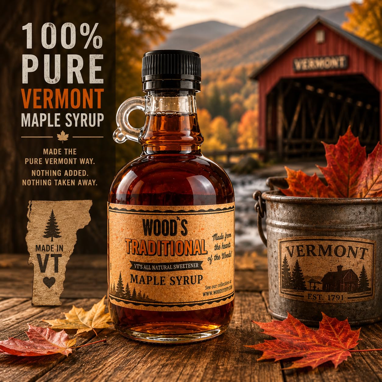 WOOD'S Vermont Maple Syrup - Traditional 100% Pure Maple Syrup | Small-Batch, Vegan Natural Sweetener | Grade A, Robust Taste | Perfect for Pancakes