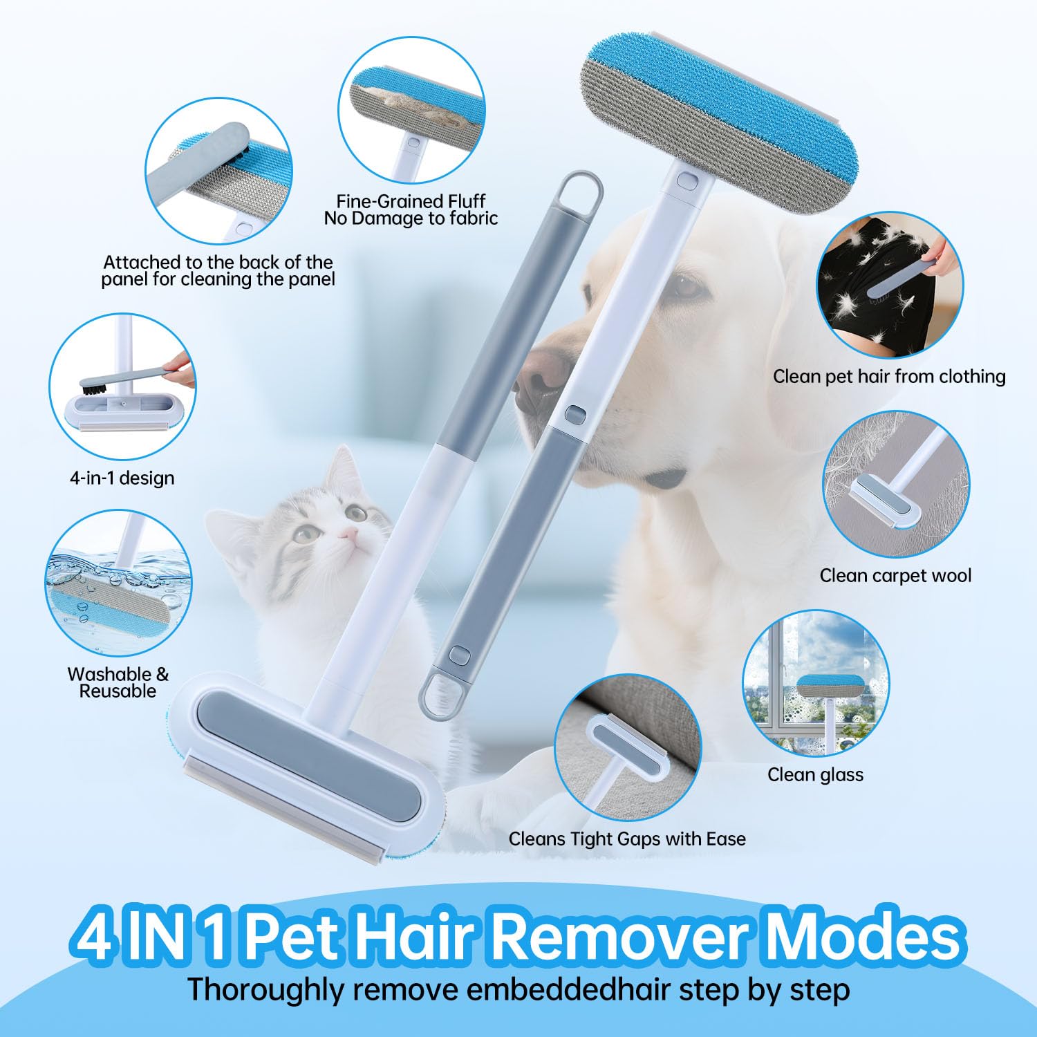 Multifunctional Pet Hair Remover Tool for Furniture, Reusable Washable Dog and Cat Hair Lint Removal Brush, 4 in 1 17.3Inch Extendable, Adjustable
