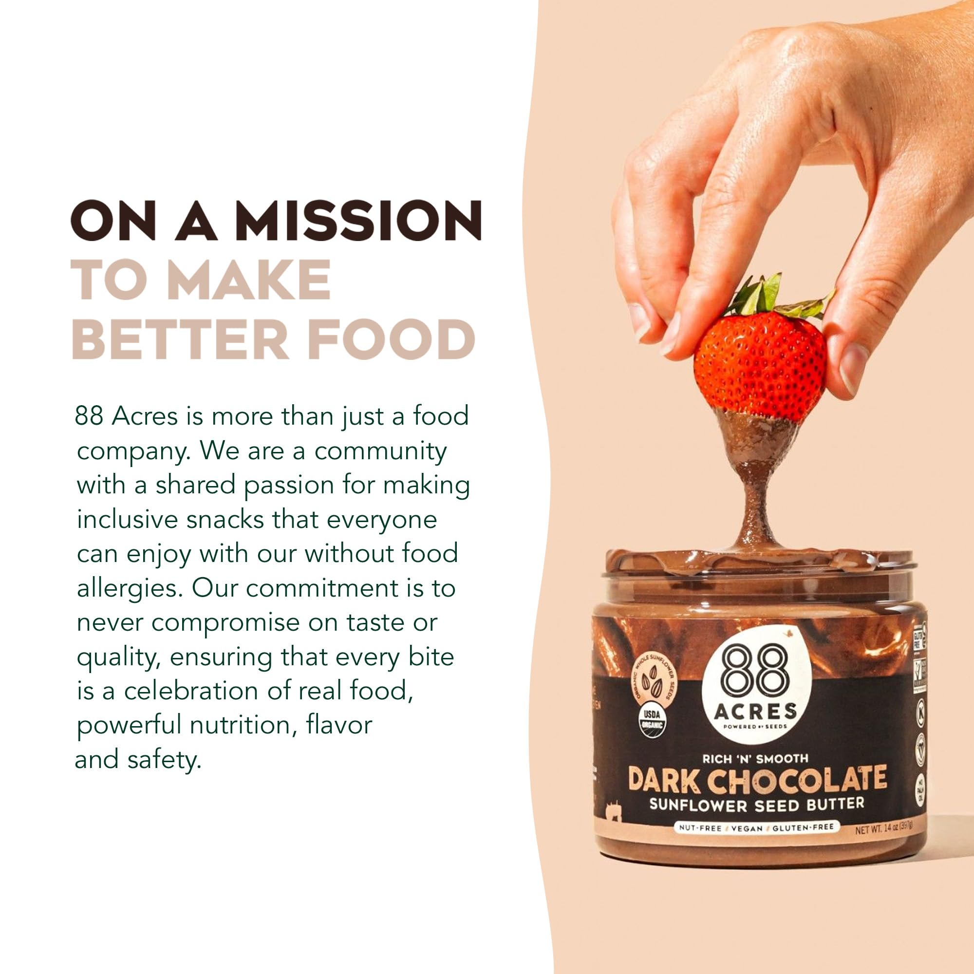 88 Acres Organic Sunflower Seed Butter, Dark Chocolate, 14 oz Jar, 2 Pack, Butter Spread with 5g Plant-Based Protein, Gluten Free, Nut Free, Vegan