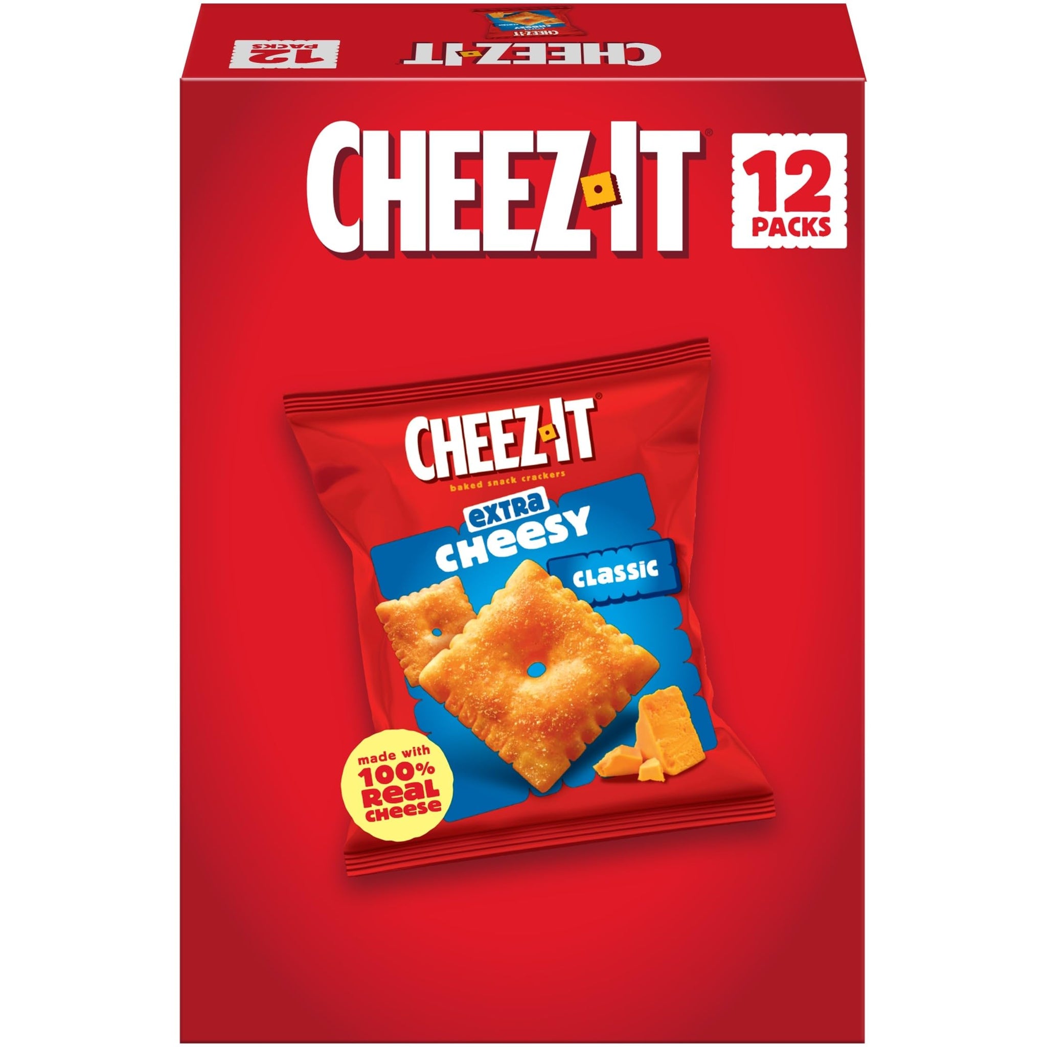 Cheez-It Baked Snack Crackers, Lunch Snacks, Extra Cheesy, 12oz Box (12 Packs)