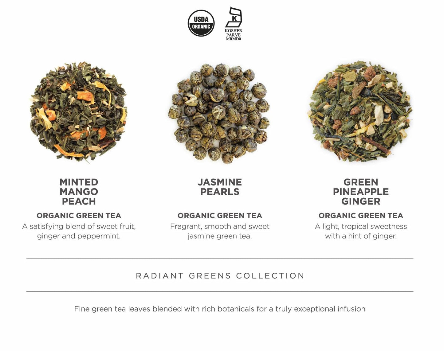 Teabloom Radiant Greens - Organic Green Tea Sampler with 12 Plant-Based Pyramid Sachets, Jasmine Pearls, Minted Mango Peach & Pineapple Ginger