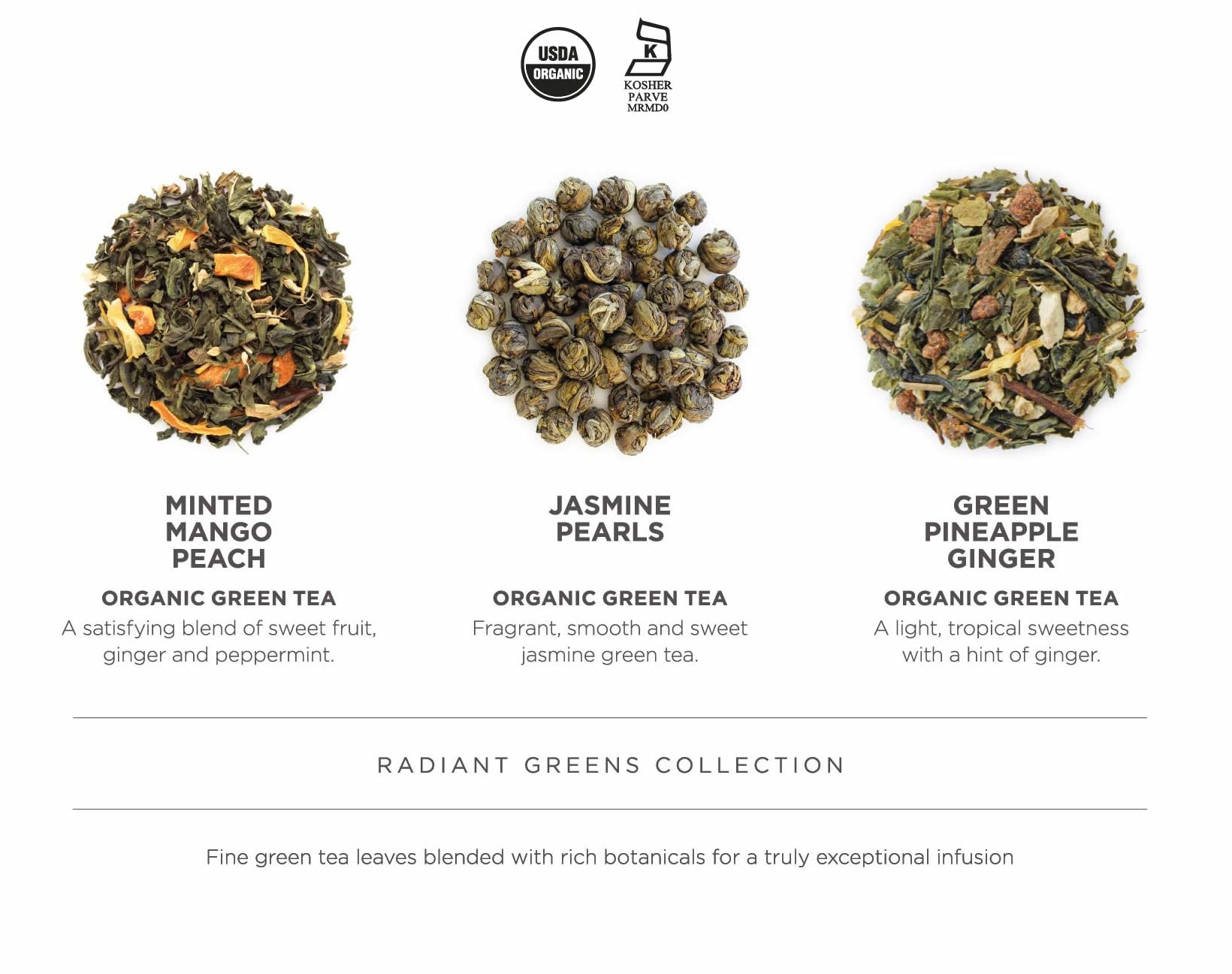 Teabloom Radiant Greens - Organic Green Tea Sampler with 12 Plant-Based Pyramid Sachets, Jasmine Pearls, Minted Mango Peach & Pineapple Ginger