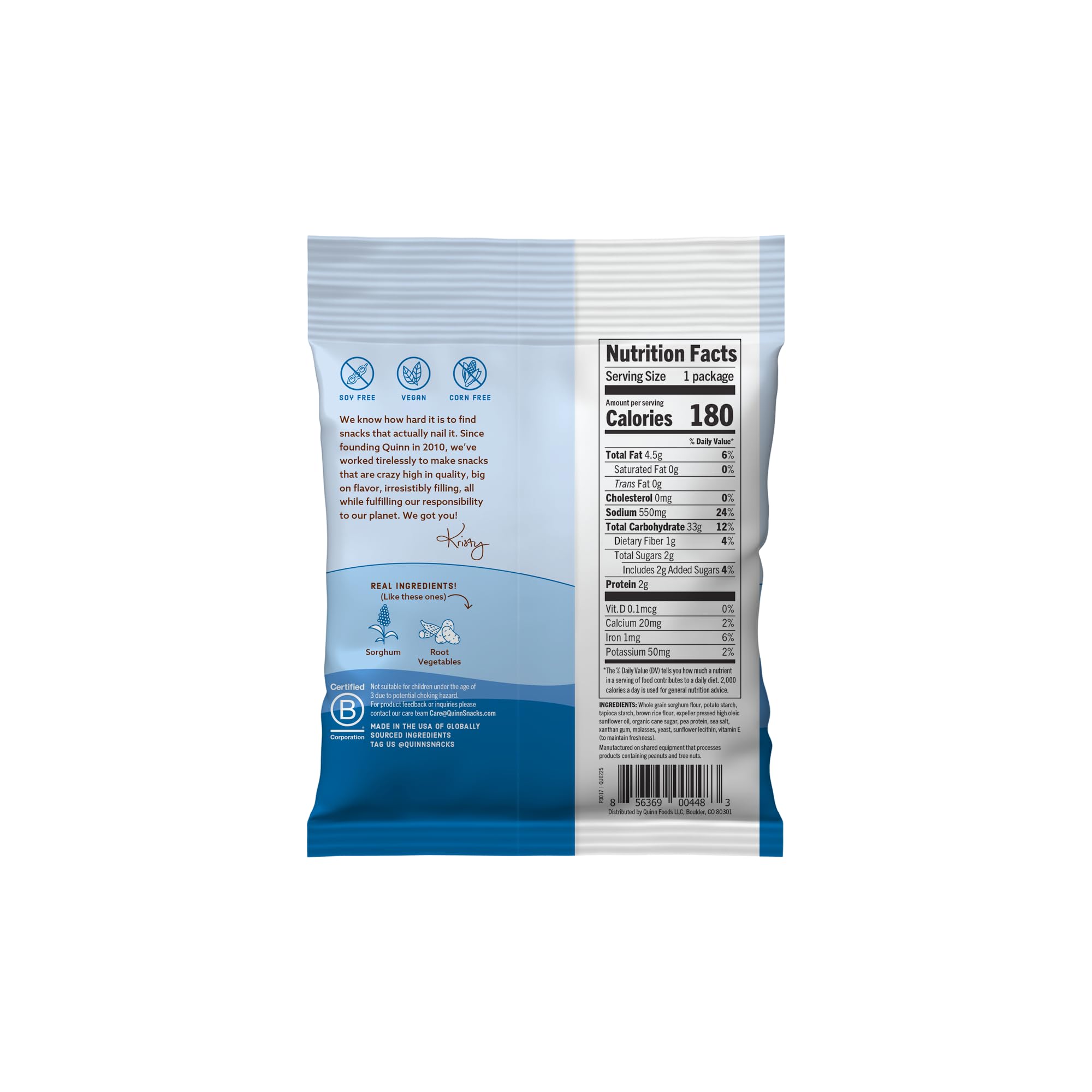 Quinn Gluten Free Sea Salt Pretzel Sticks - Whole Grain, Made with Real Ingredients, Whole Grain Sorghum, Sea Salt, Vegan, Gluten Free, Dairy Free