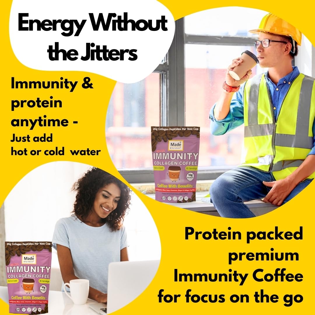 Made by Nature Immunity Collagen Protein Coffee | 30 Servings | Colombian Coffee | 10g Protein | Collagen Peptides | Skin, Joint, Muscle Support |