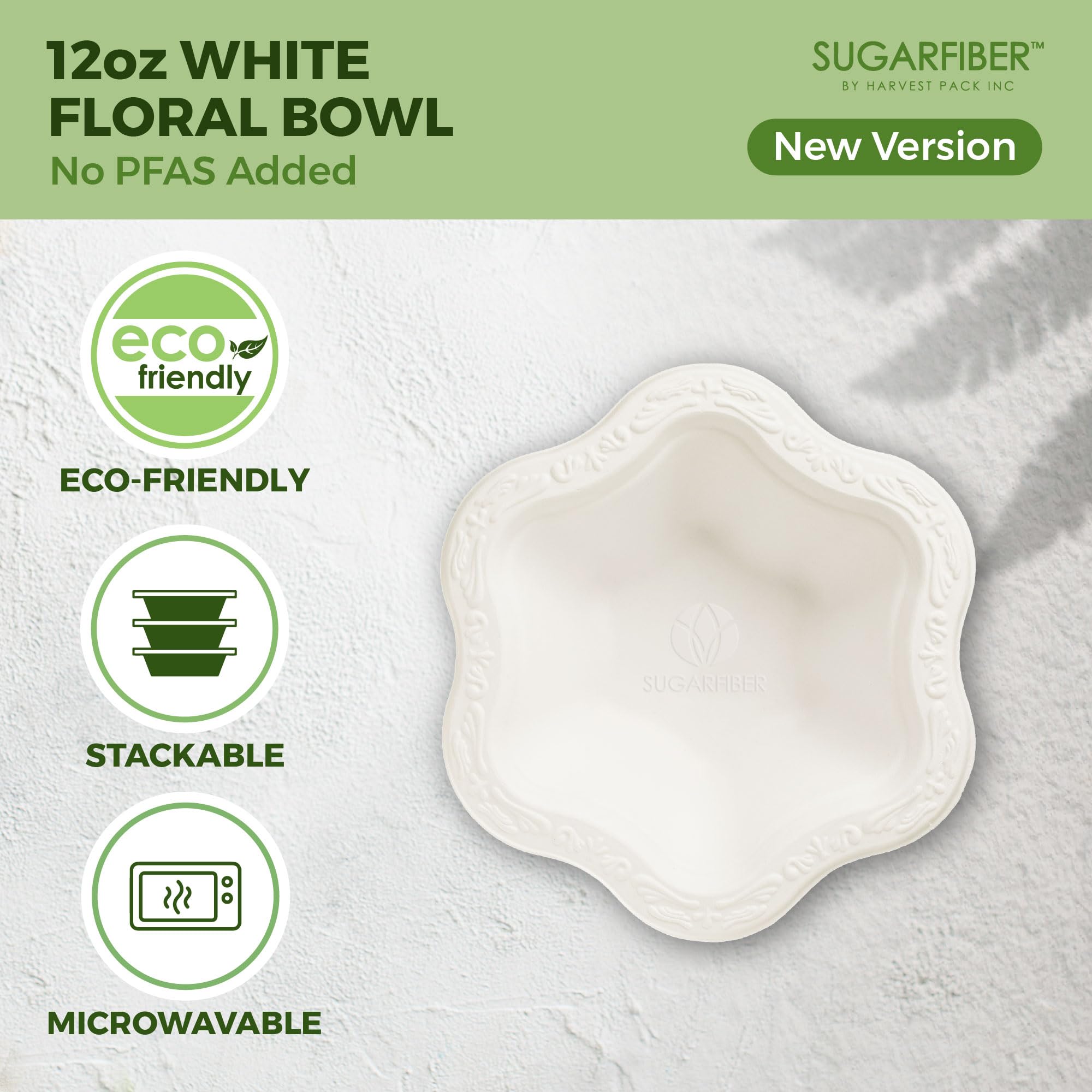 [50 COUNT]12oz Compostable Floral White Paper Bowls, Scalloped Party Bowls, Eco Friendly Plastic-Free ice cream Bowl, Acanthus Natural Sugarcane