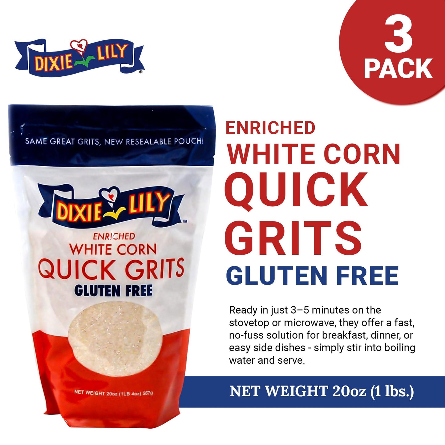 Dixie Lily White Corn Grits - Enriched With Iron, Niacin, Thiamine, Riboflavin - Classic Southern Taste - Certified Non-GMO - 3-Pack, 20oz