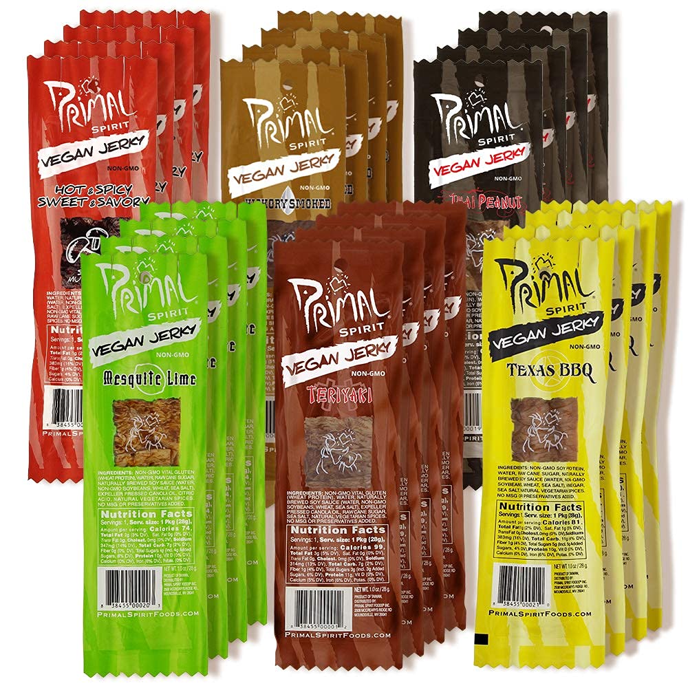 Primal Spirit Vegan Jerky - Sampler Pack, 10g. Plant Based Protein, Certified Non-GMO ("Classics" Thai Peanut, Mesquite Lime, Teriyaki, Hot & Spicy