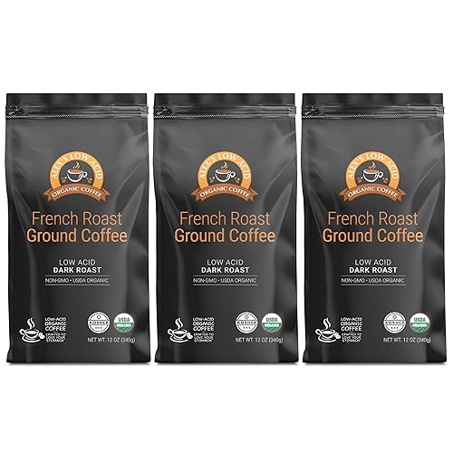 Alex's Low Acid Organic Coffee 12oz Bag - Fresh Ground French Roast (Pack of 3)