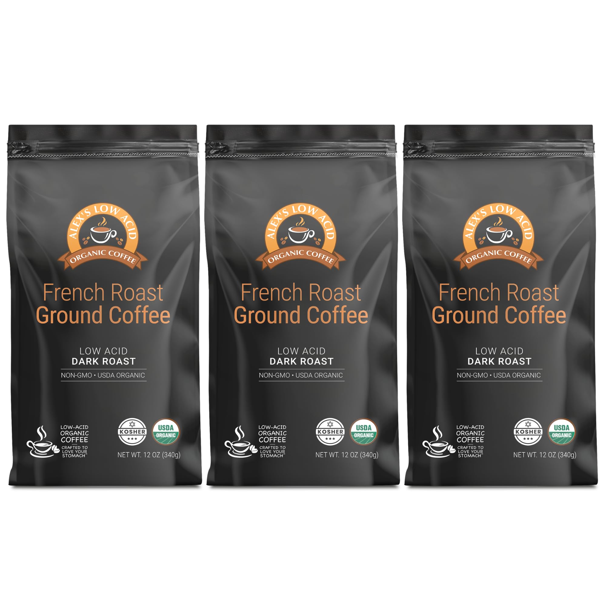 Alex's Low Acid Organic Coffee 12oz Bag - Fresh Ground French Roast (Pack of 3)