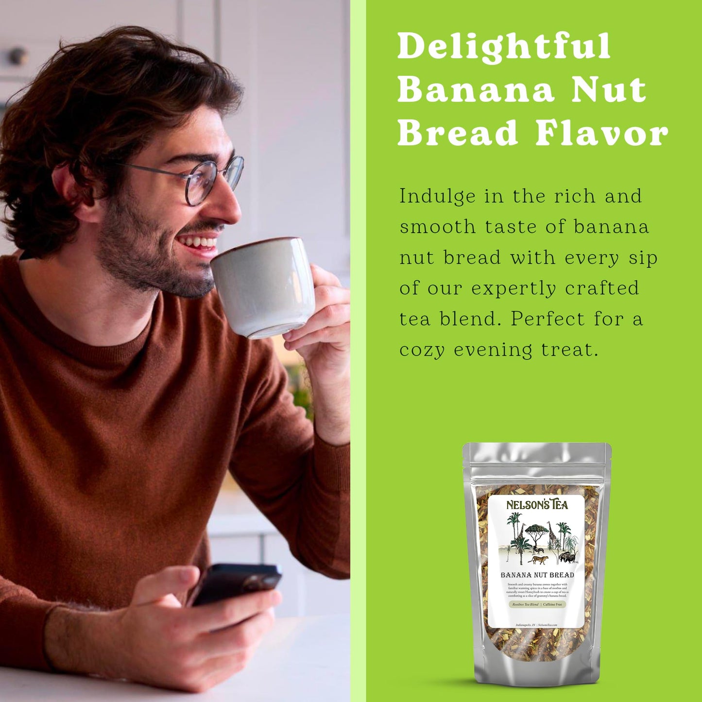 Nelson's Tea - Banana Nut Bread - Caffeine Free - Irresistible Blend of Green and Red Rooibos, Honey Bush & Natural Flavored Tea - Smooth and Creamy