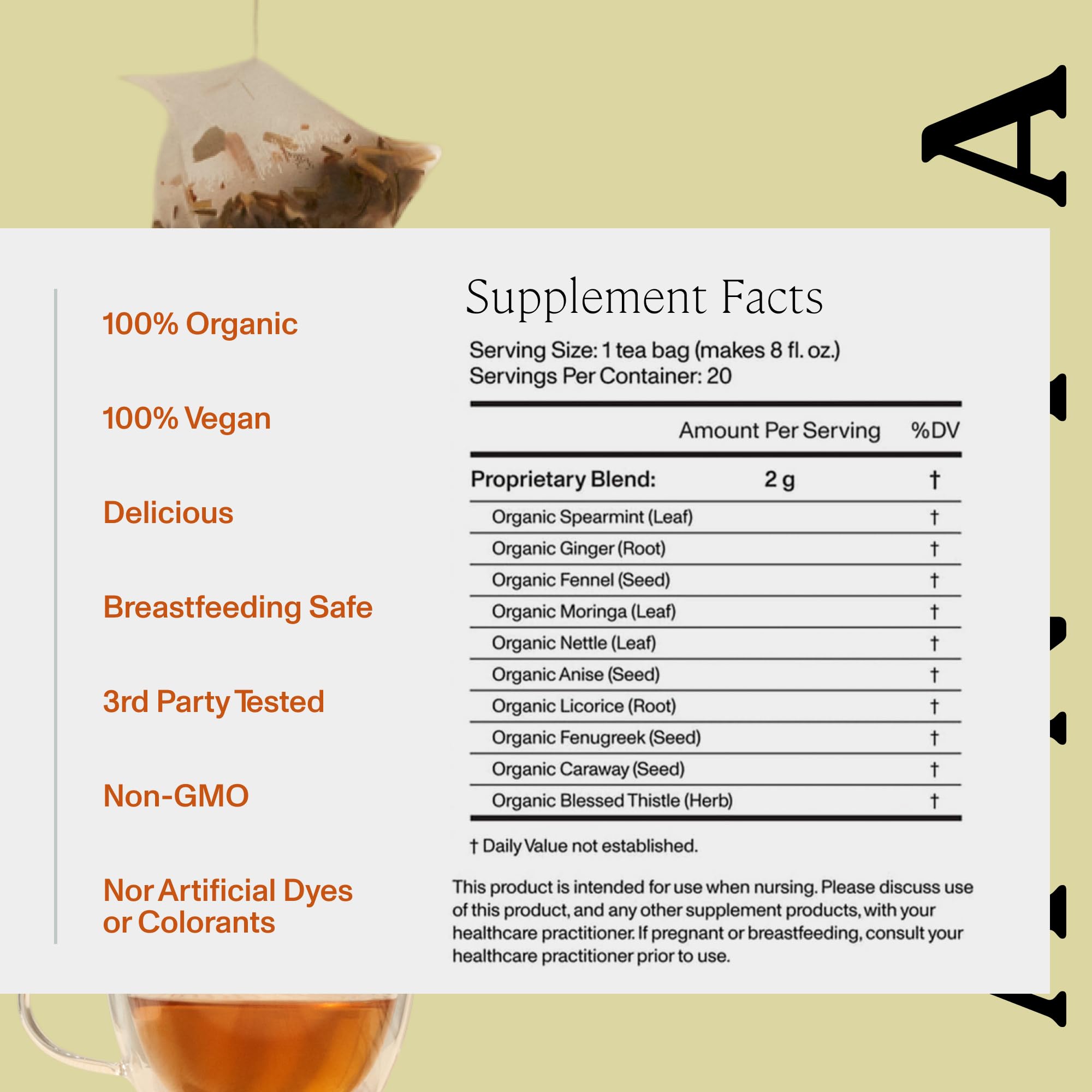 ANYA Herbal Lactation tea, 20 bags - Ginger, Moringa, Fenugreek, Toxicologist-approved, Breastfeeding Safe. Organic Essentials hydration