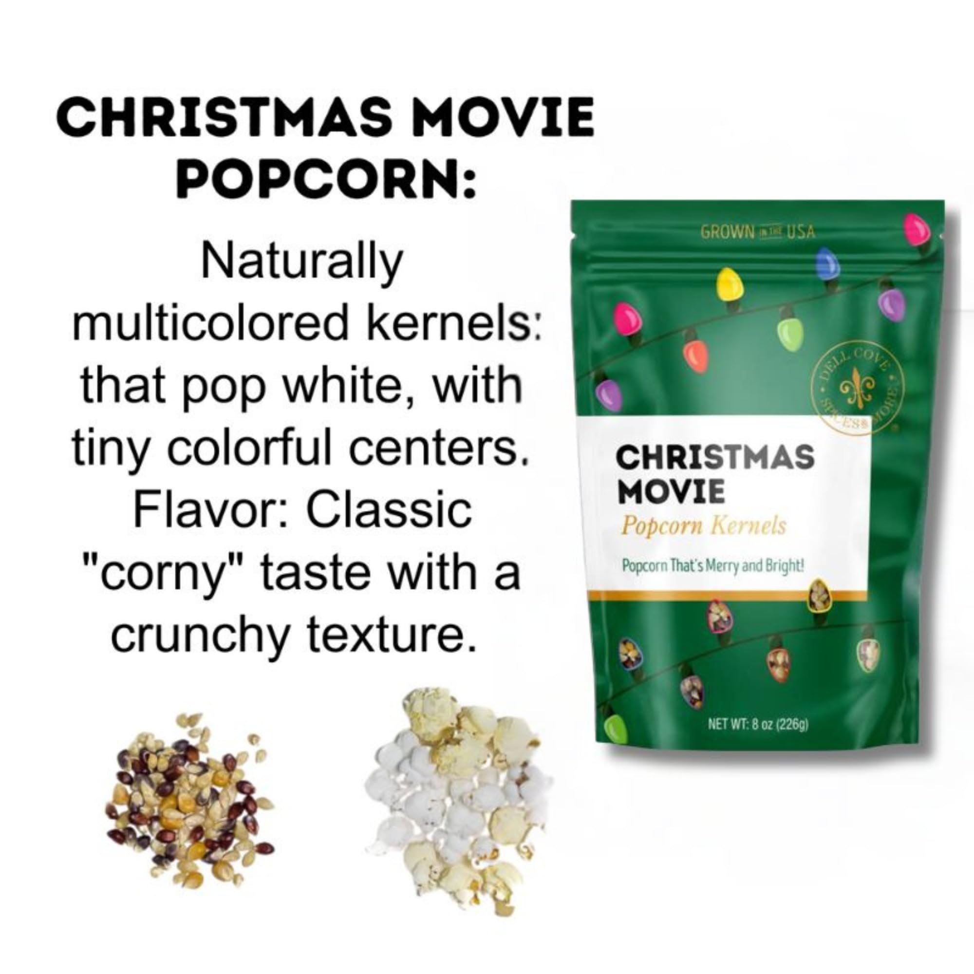 Dell Cove Spices | Christmas Movie Popcorn Kernels X-Mas Gift | Festive Holiday Movie Night Popcorn Kernels Snacks, Half Pound