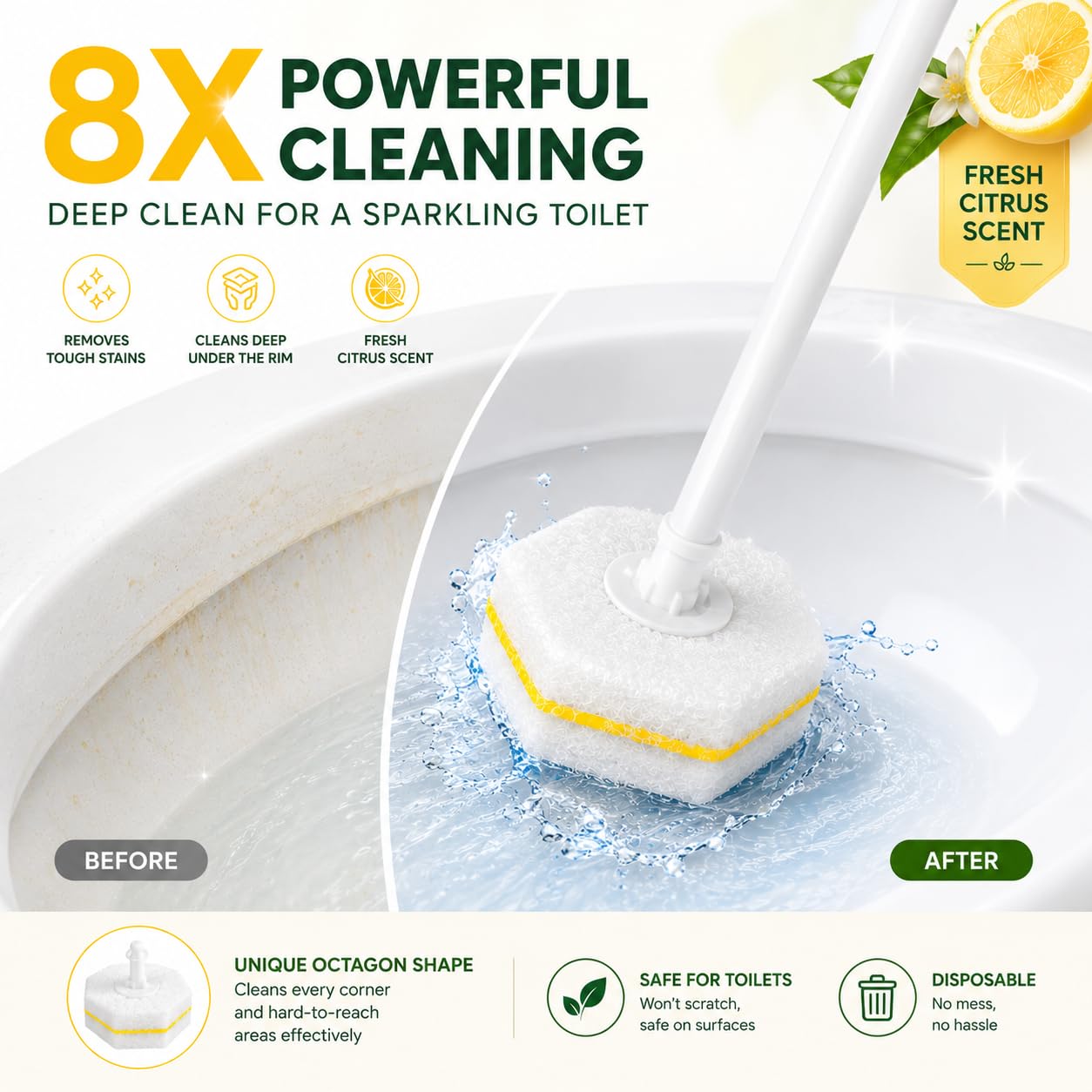 Qesea Toilet Wand Refills 60 Count Lemon Scent - Disposable Toilet Bowl Cleaner Brush Heads with Fresh Citrus Fragrance, Fits Most Standard Toilet
