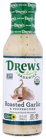 Drew's All-Natural Salad Dressing and 10 Minute Marinade, Roasted Garlic & Peppercorn, 12-Ounce Bottle