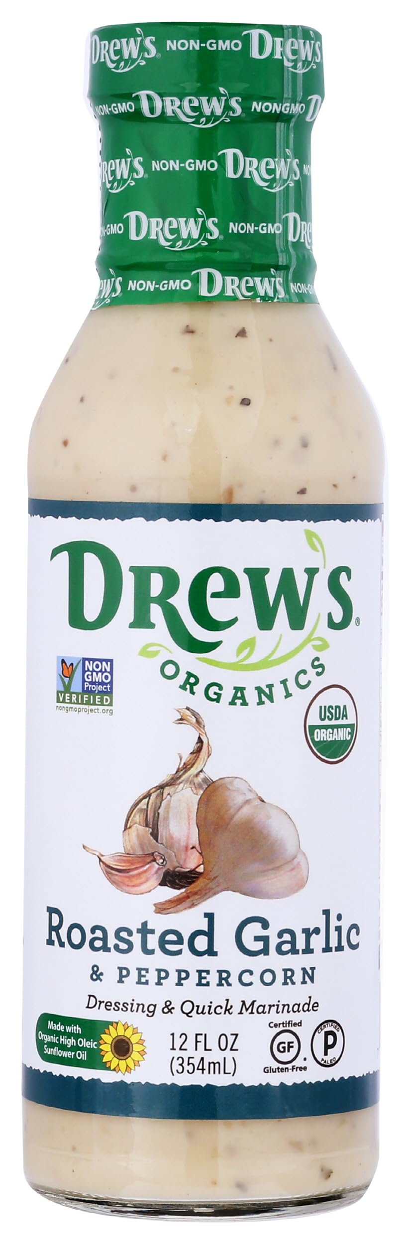 Drew's All-Natural Salad Dressing and 10 Minute Marinade, Roasted Garlic & Peppercorn, 12-Ounce Bottle