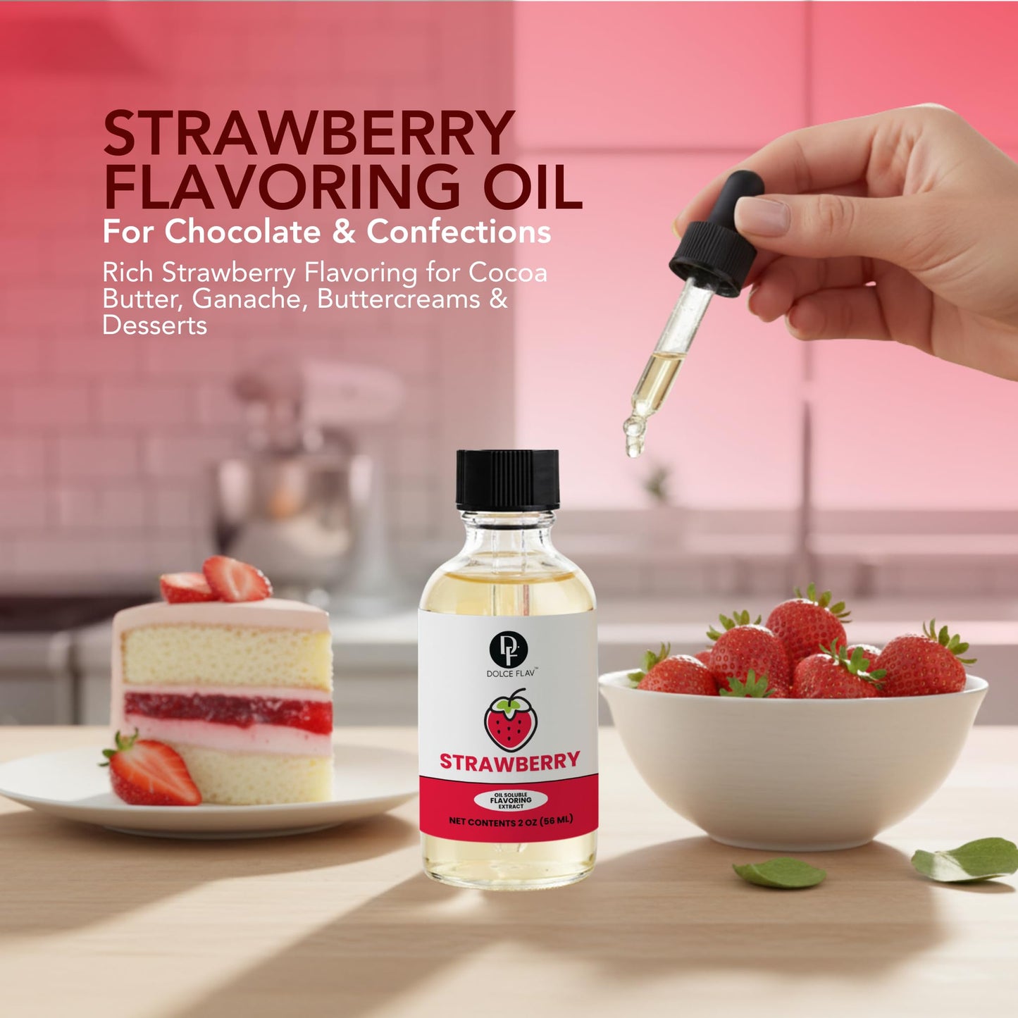 Dolce Flav Strawberry Extract - 2 Ounce Oil-Soluble Kosher, Sugar-Free, Concentrated Berry Flavor for Candy, Chocolates & Desserts, Includes Measured