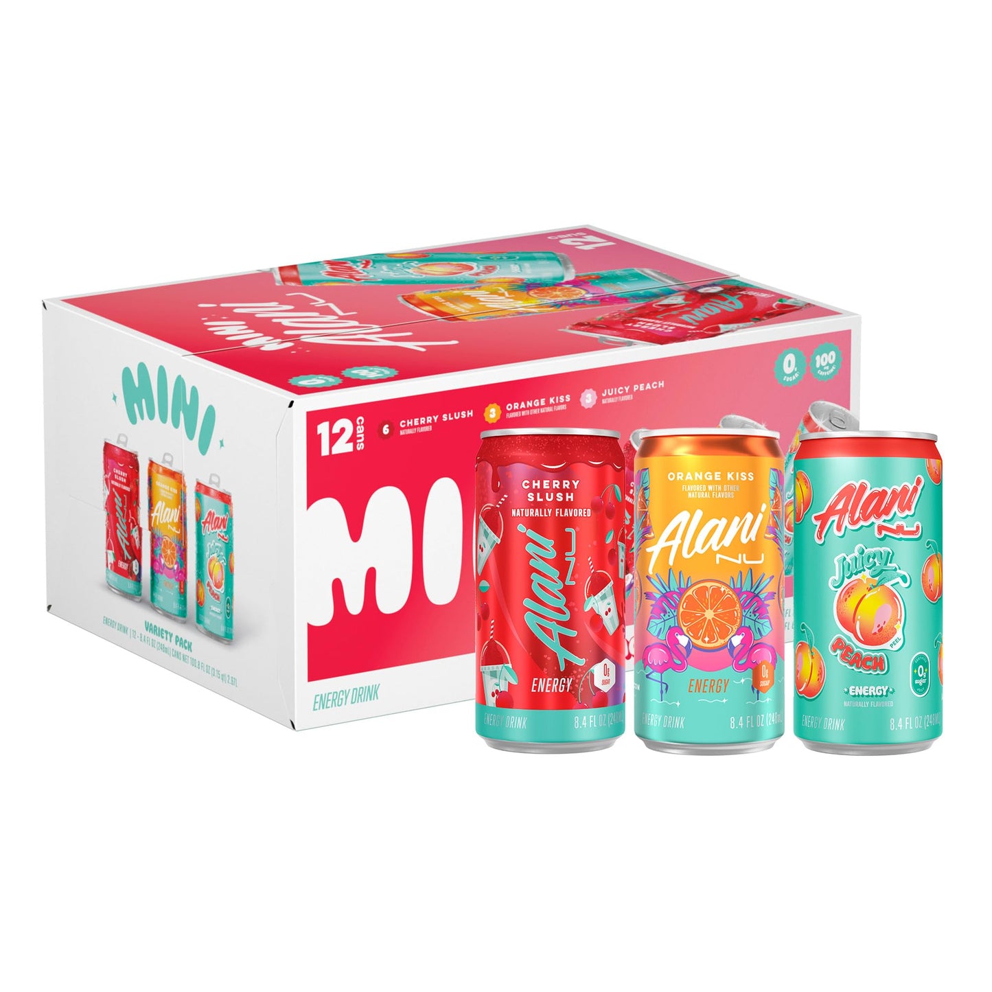 Alani Nu VARIETY PACK (CHERRY SLUSH, JUICY PEACH, ORANGE KISS), Low Calorie Energy Drinks, 100mg Caffeine, Biotin, B Vitamins, Zero Sugar, 10 Calories