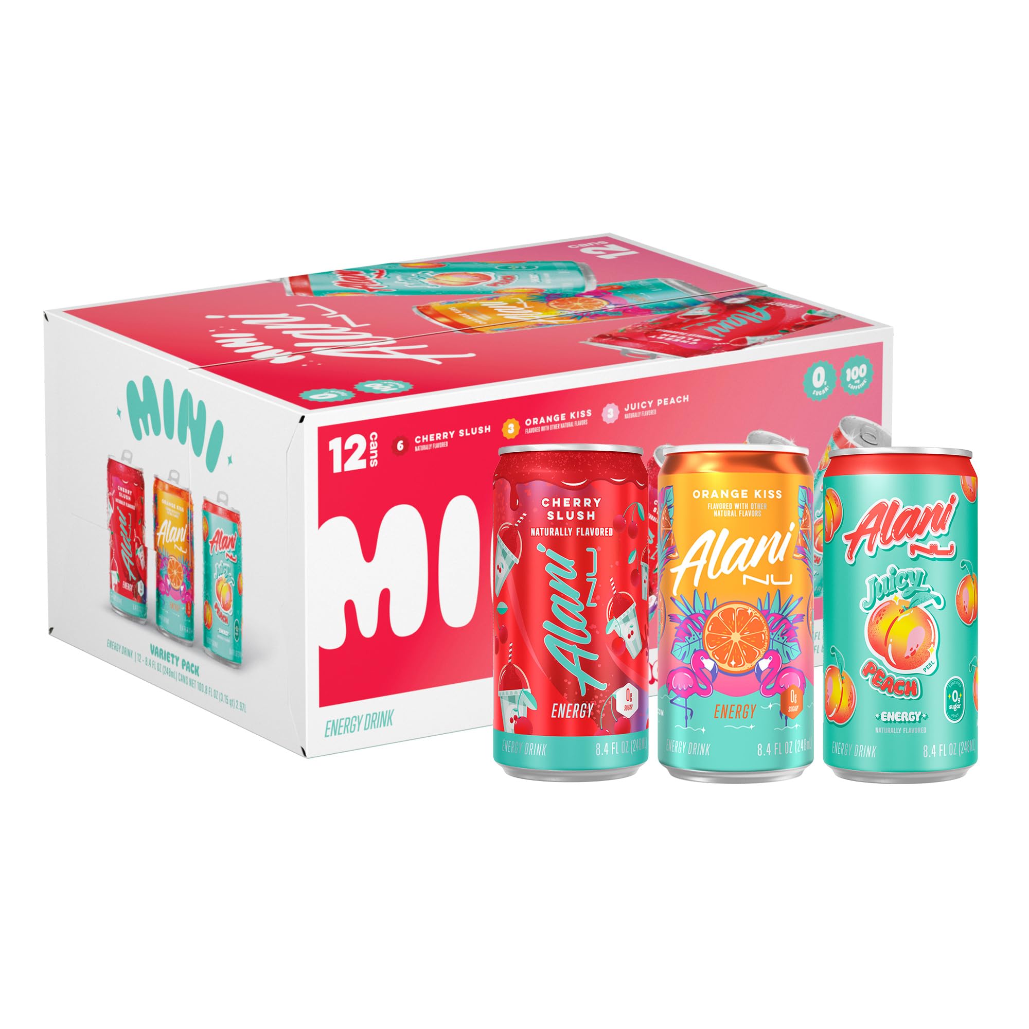 Alani Nu VARIETY PACK (CHERRY SLUSH, JUICY PEACH, ORANGE KISS), Low Calorie Energy Drinks, 100mg Caffeine, Biotin, B Vitamins, Zero Sugar, 10 Calories