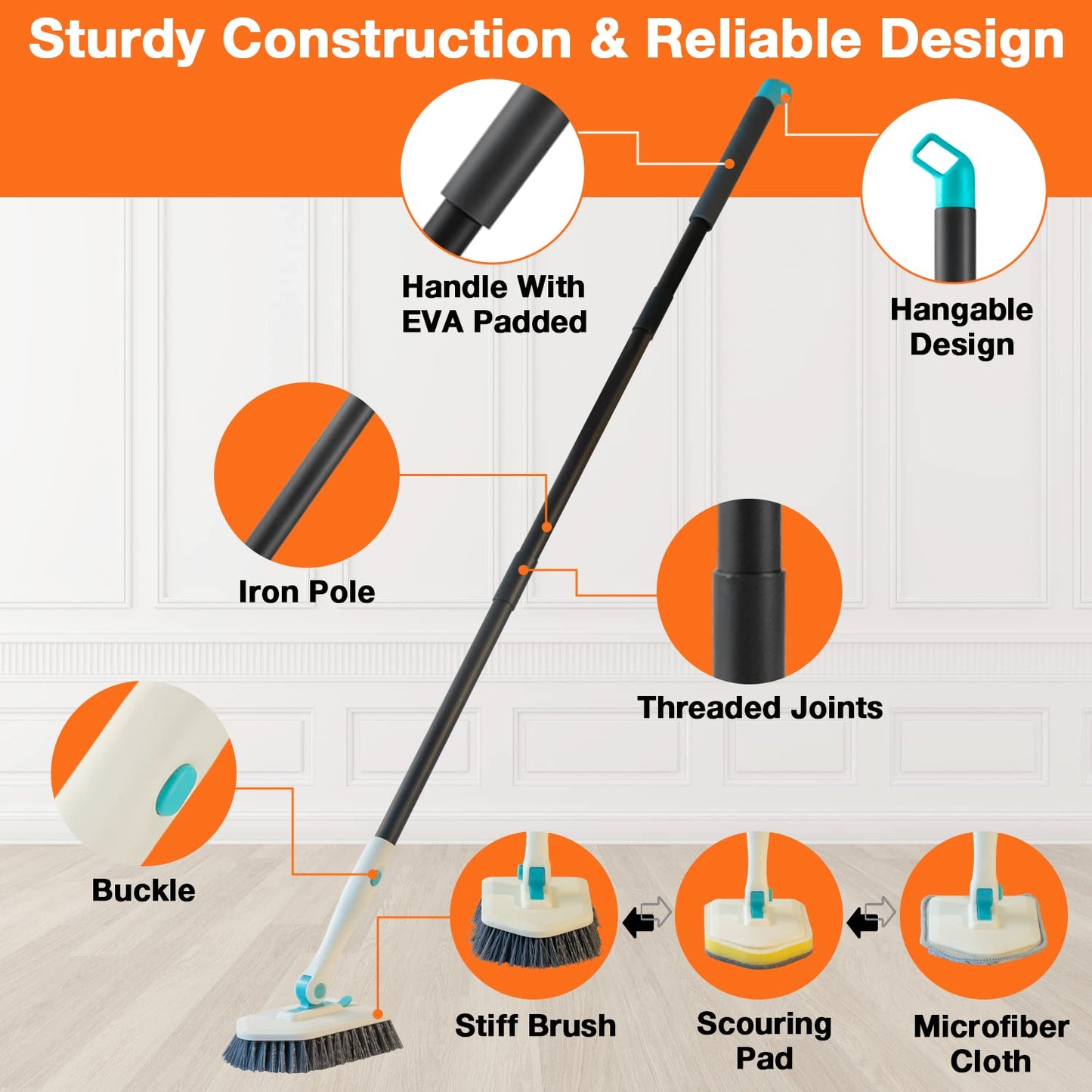 3 in 1 Scrub Cleaning Brush with Long Handle 51'' - Shower Bathtub Tub & Tile Scrubber Brush Include 1 Stiff Brush Head & 3 Scouring Pads & 3