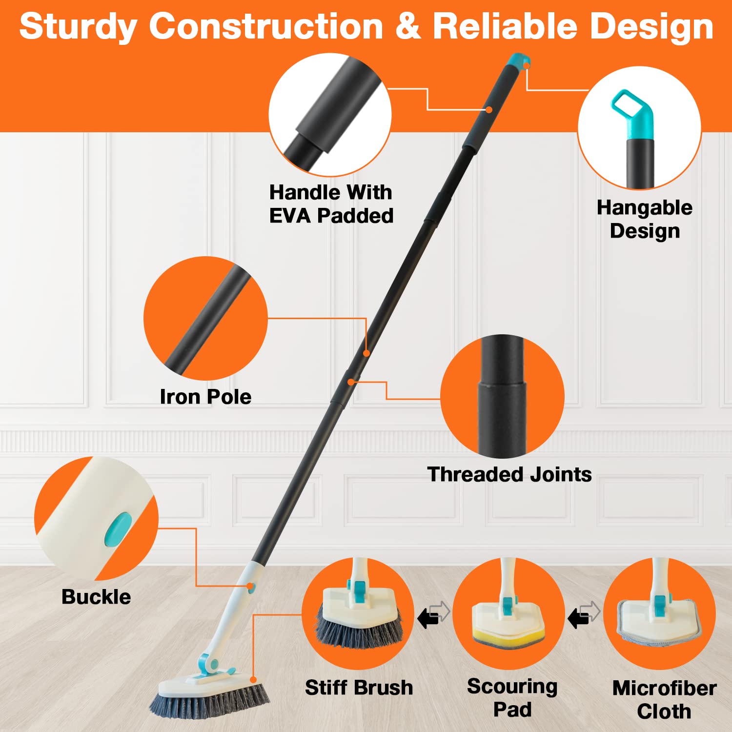 3 in 1 Scrub Cleaning Brush with Long Handle 51'' - Shower Bathtub Tub & Tile Scrubber Brush Include 1 Stiff Brush Head & 3 Scouring Pads & 3