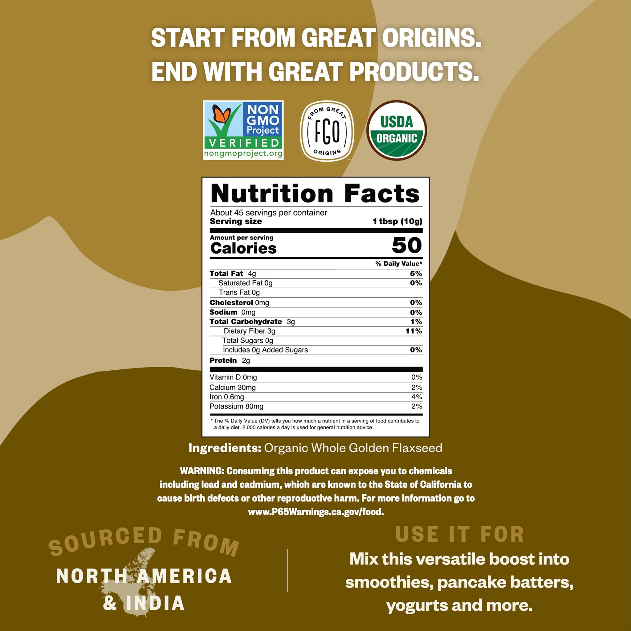 FGO Organic Whole Golden Flax Seeds, 1 Pound / 16oz Resealable Pouch, For Baking, Cooking & Smoothies, Sproutable, Grown in USA & Canada (Pack of 1)