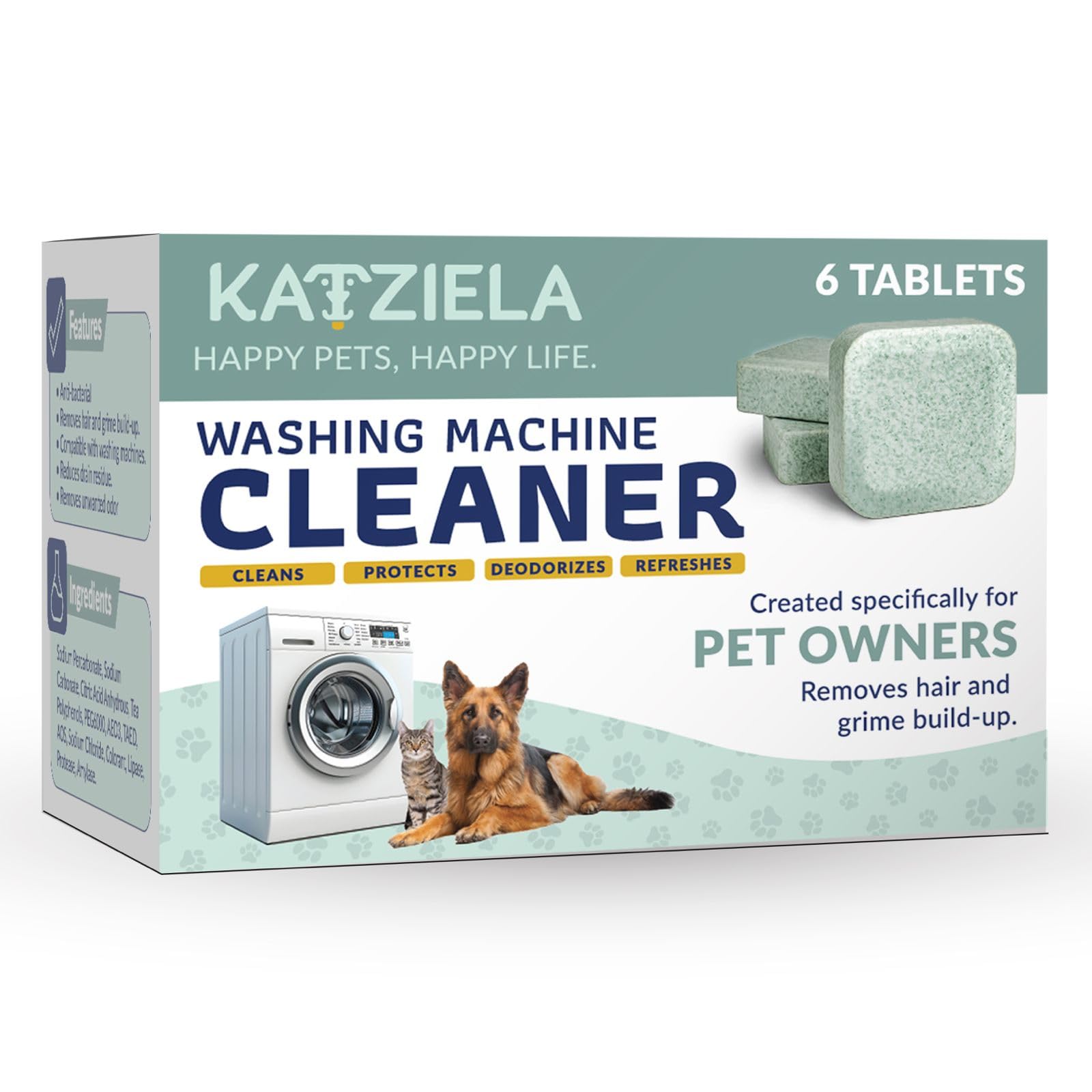 Katziela Washing Machine Cleaner Tablets - 6 Pack (3-Month Supply) - Loosens Pet Hair & Eliminates Odors - Fragrance-Free Enzyme Formula - Safe