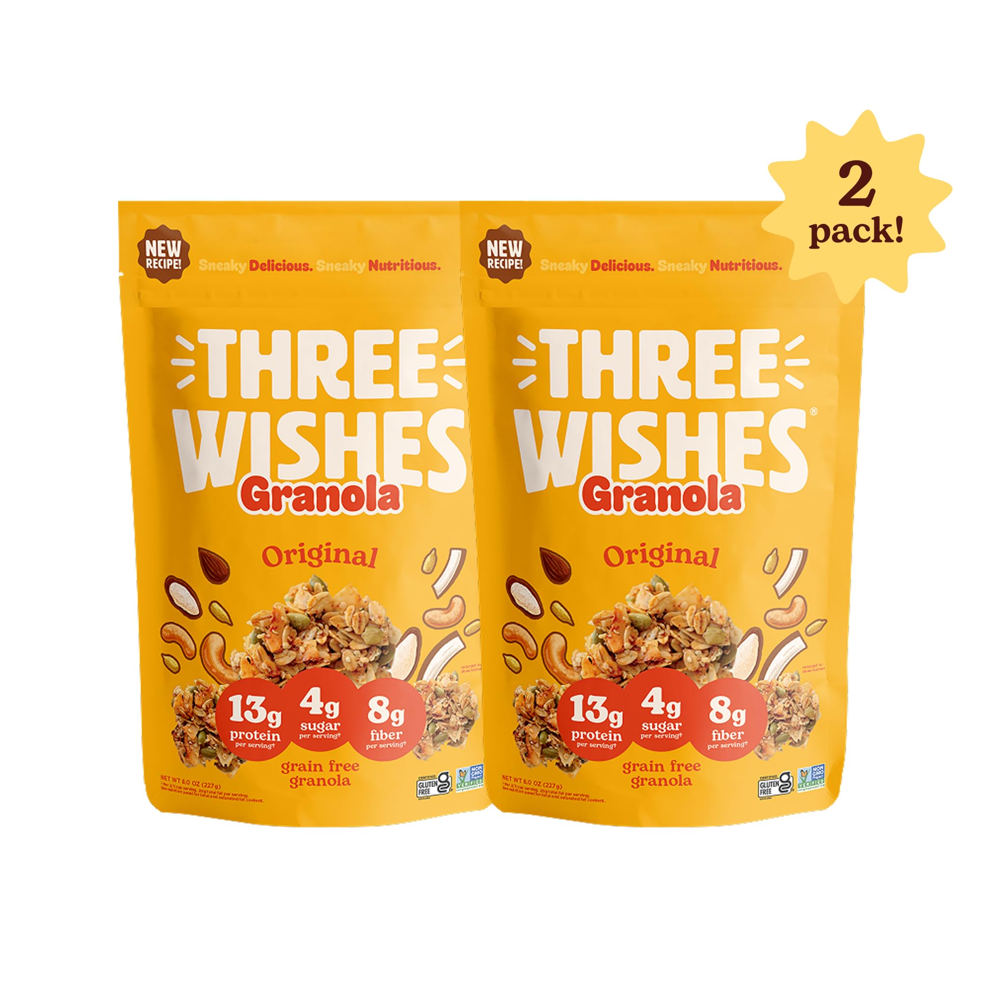 Three Wishes Granola - 13g of Protein & 4g of Sugar - Healthy Breakfast & On-the-Go Snack - Vegan, Kosher, & Grain-Free (8 Ounce Bags, Pack of 2)