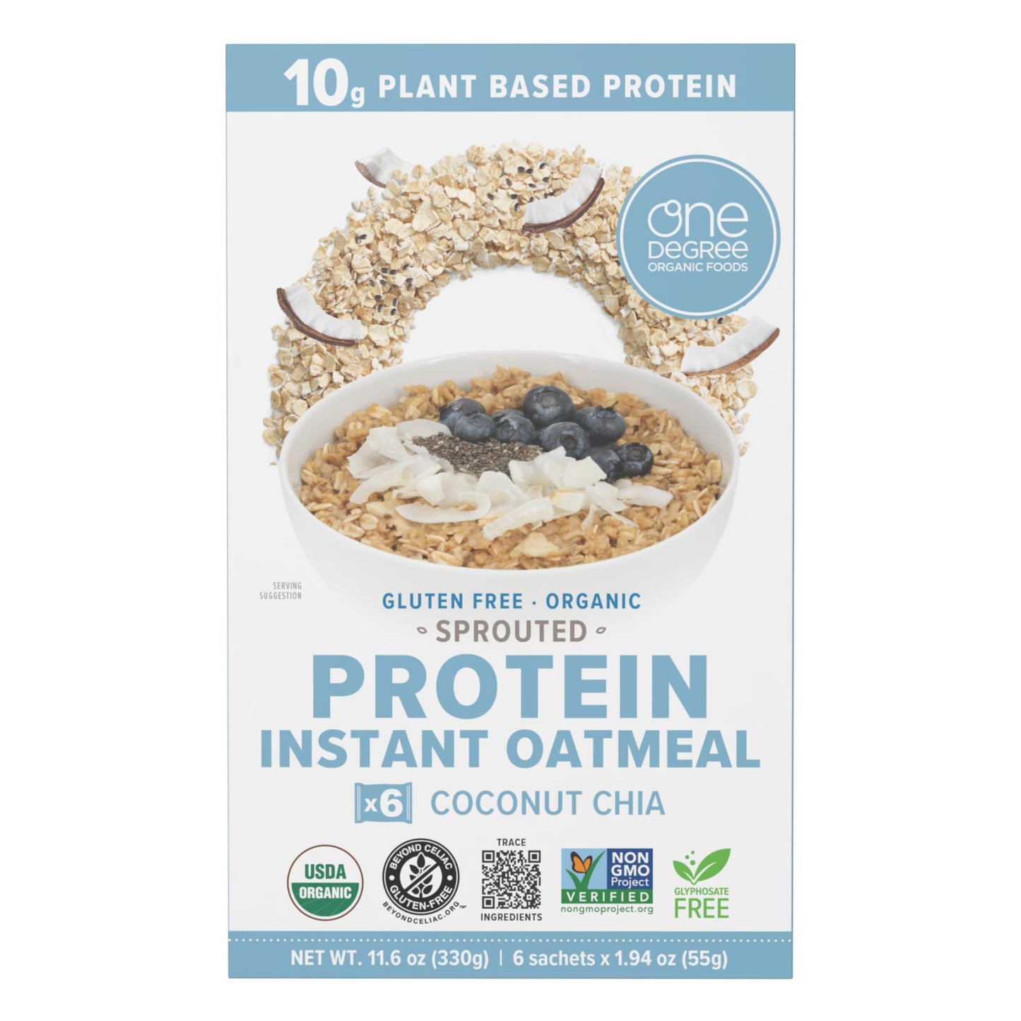 One Degree Organic Foods Gluten Free Sprouted Coconut Chia Protein Instant Oatmeal, 11.6 ounce (Pack of 1)