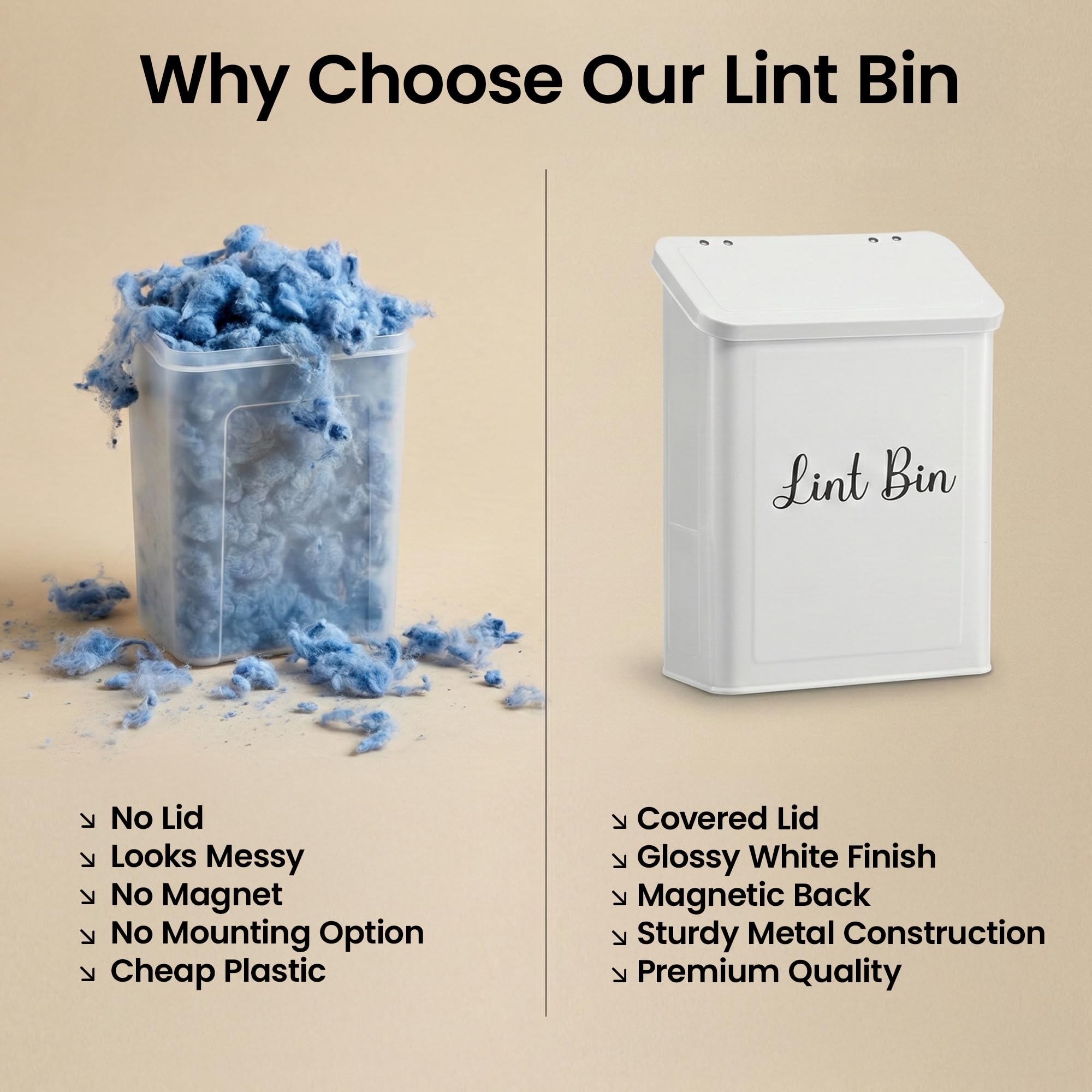 TIRIA Magnetic Lint Bin for Laundry Room, Metal Dryer Lint Trash Can Box with Lid, Wall Mounted Lint Collector Includes Nylon Brush, Exclusive Black