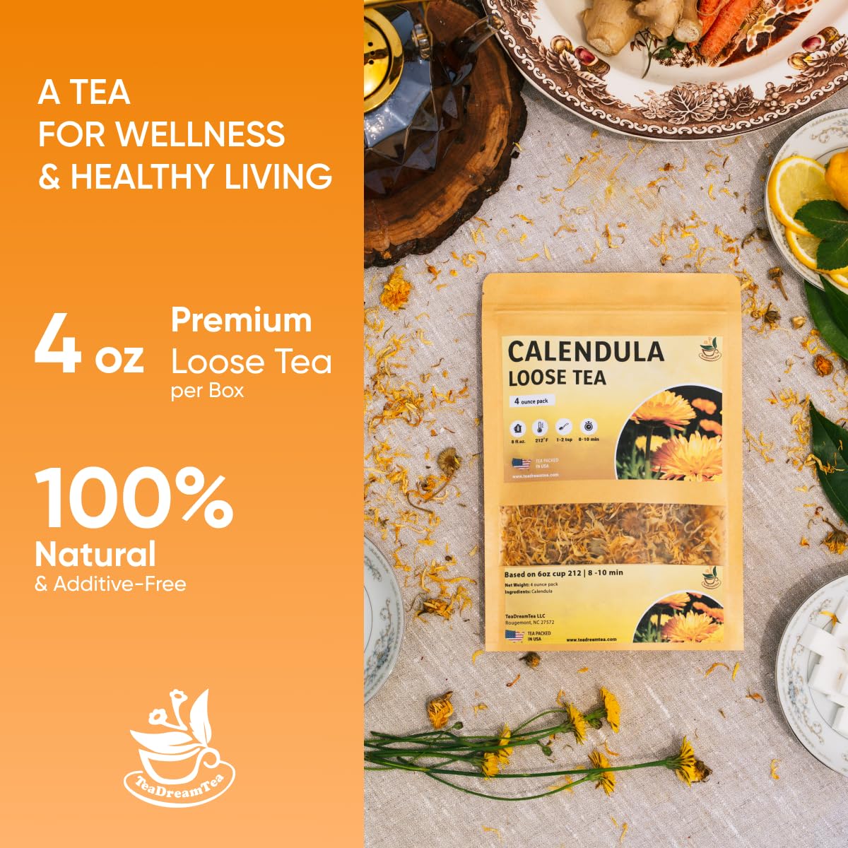 Calendula Loose Tea - 4 oz Size - Marigold & Dried - Calendula Tea Bulk Flowers Gluten-Free and Caffeine-Free Herbal tea for Relaxation, Wallness