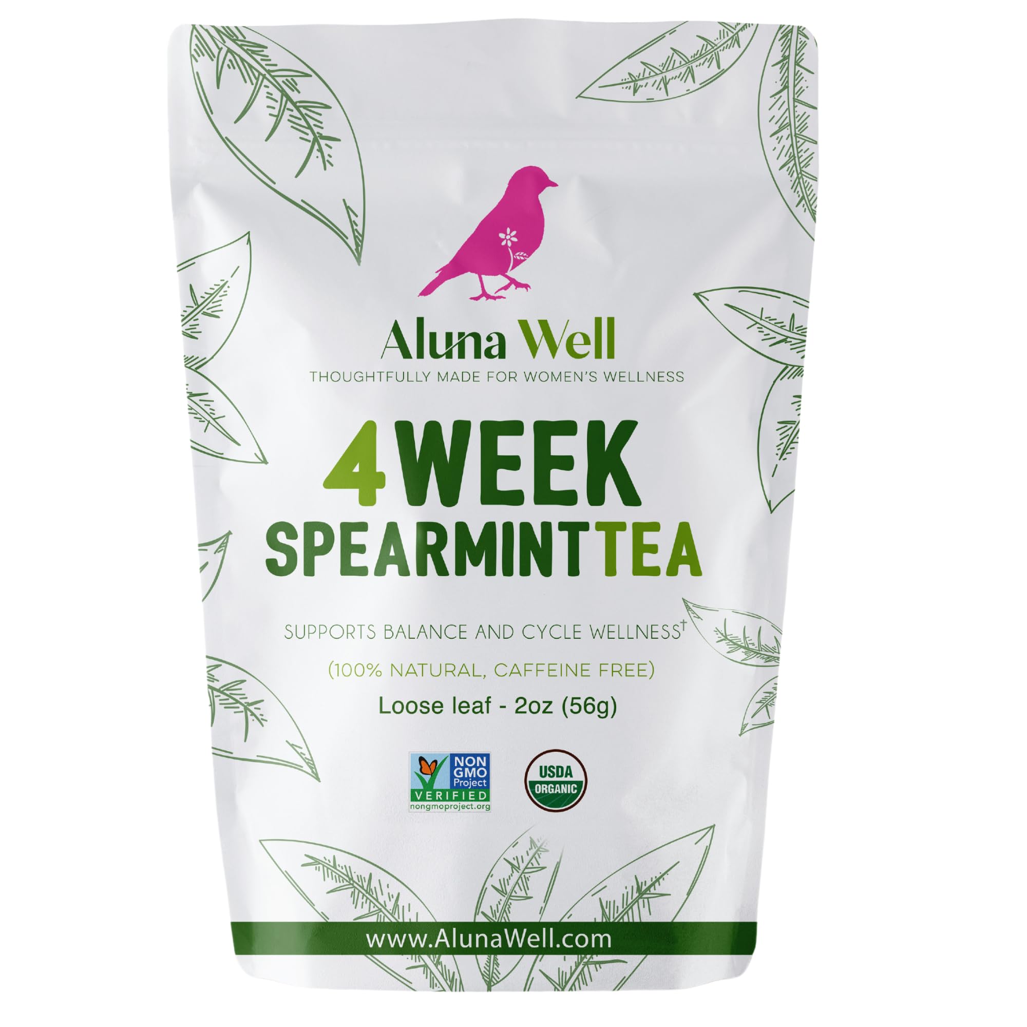 Aluna Well Organic Spearmint Tea - Supports Hormonal Balance and Wellness for Women, 4 Week Loose Leaf Herbal Tea, Caffeine-Free, 2 oz
