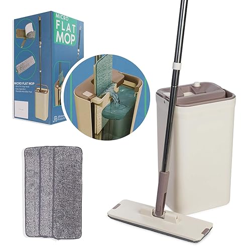 JFB Home Products Micro Flat Mop & Bucket System, Hands-Free Wringing Floor Cleaning, 3 Washable & Reusable Microfiber Pads, Wet or Dry Usage on Wood