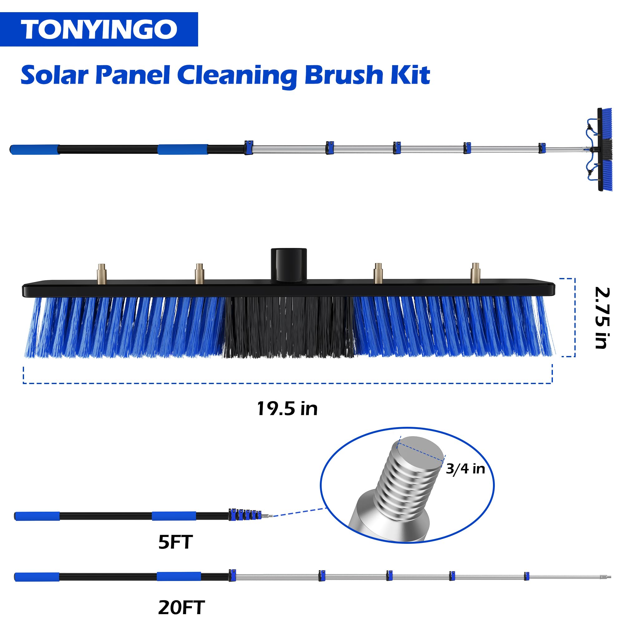 TONYINGO 5-20FT Solar Panel Cleaning Brush Kit - Telescopic Pole with Dual Action Flip-Lock & Screw Fixing, Water Flow & Soap Dispenser, Ideal