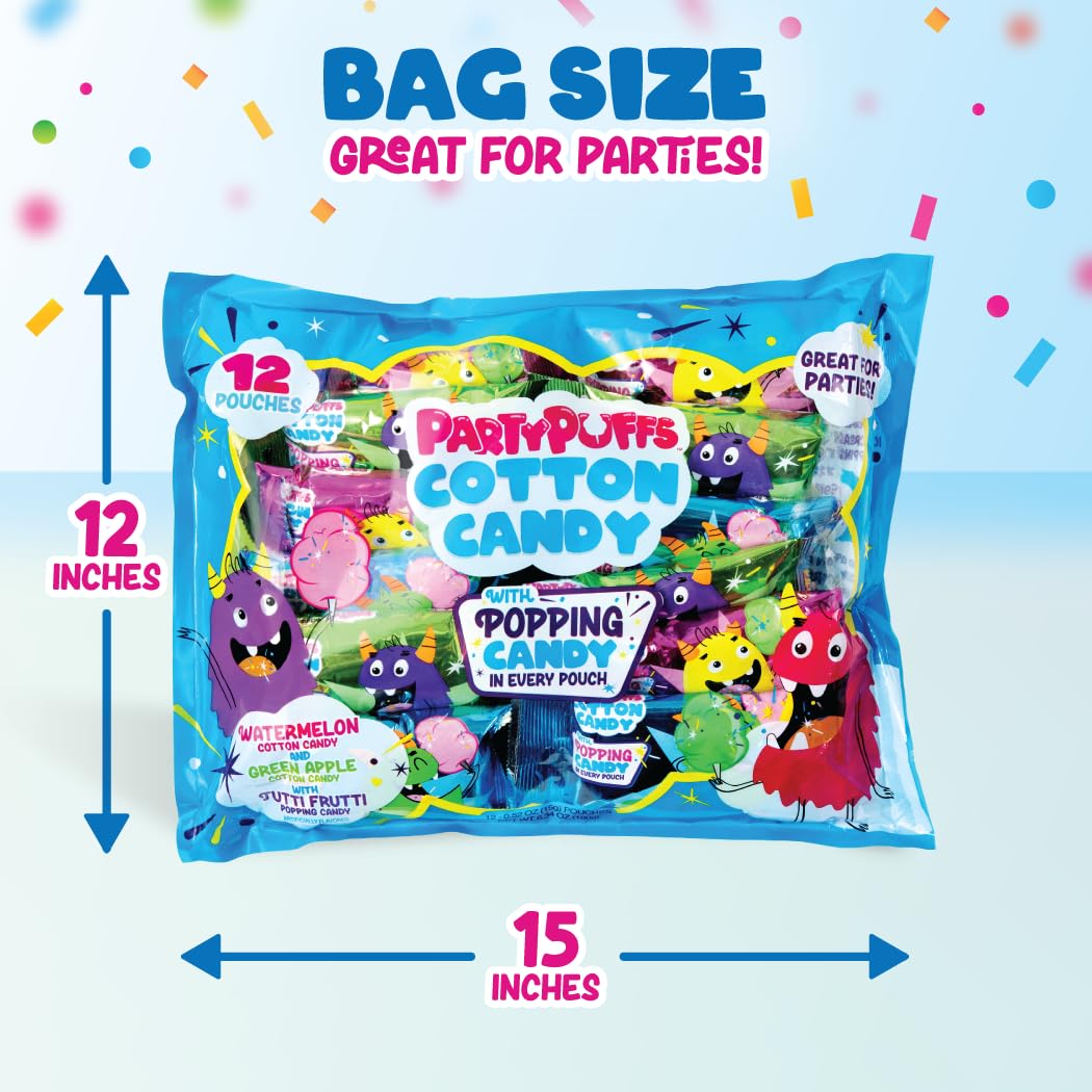 PartyPuffs Cotton Candy Variety Pack with Tutti Frutti Popping Candy - 12 Individually Wrapped .5oz Bags - Watermelon & Green Apple Flavors - Fun