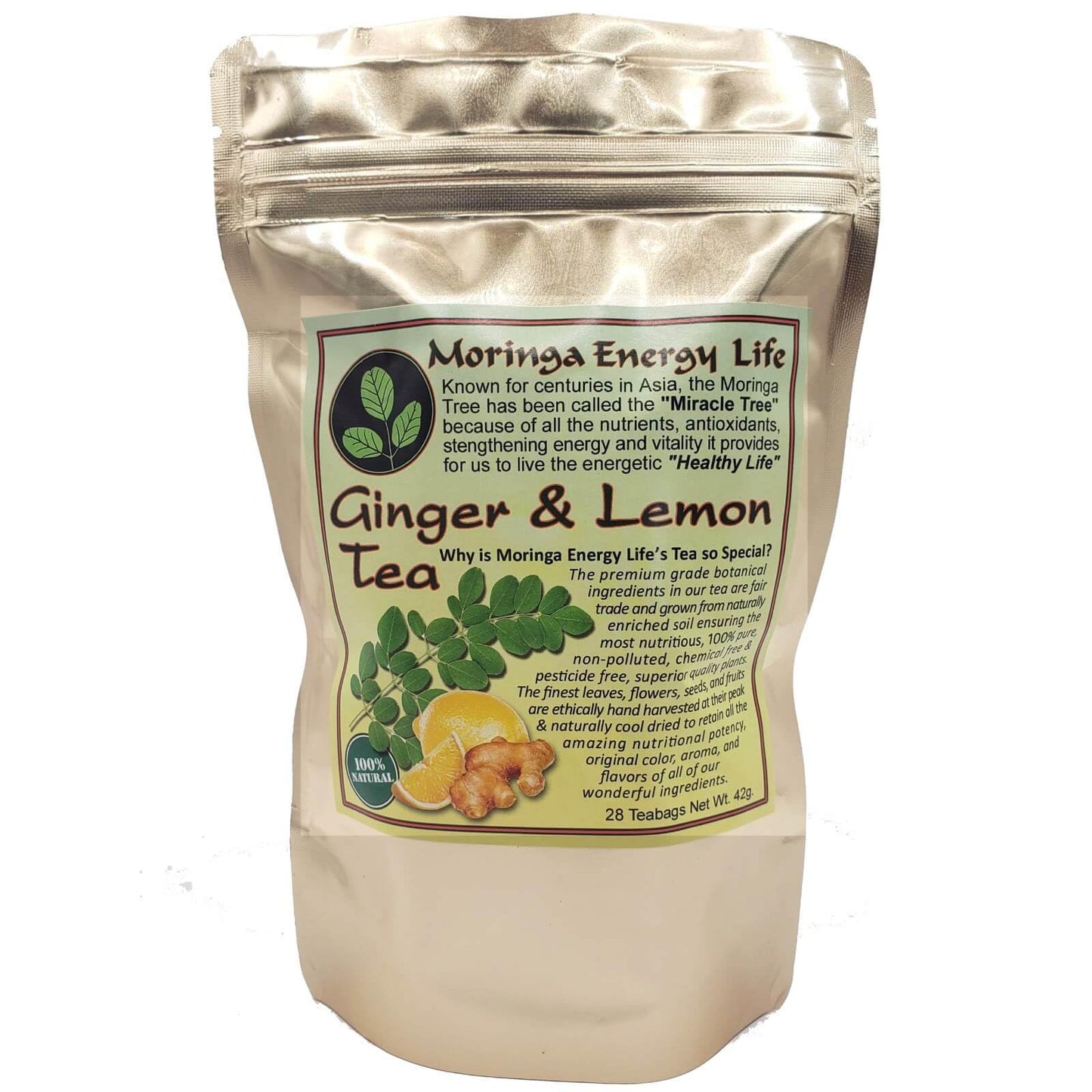 Moringa Ginger Lemon Tea 28 tea bags (Keto, Detox, Paleo, Vitamin & Minerals Booster, Vegan, Gluten-Free, Non-GMO, Caffeine-Free)
