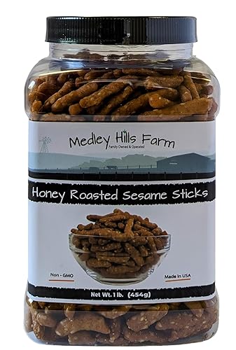 Sesame Sticks Snacks Honey Roasted 1 lb. - By Medley Hills Farm in Reusable Container - Fresh honey roasted sesame sticks - Sweet and Salty Flavored