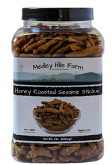 Sesame Sticks Snacks Honey Roasted 1 lb. - By Medley Hills Farm in Reusable Container - Fresh honey roasted sesame sticks - Sweet and Salty Flavored