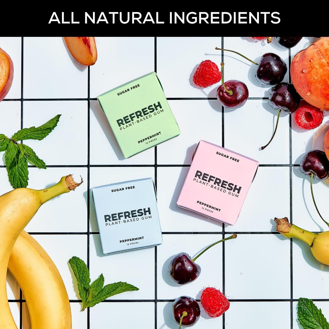 Refresh Gum, Xylitol, Natural, Sugar Free, Chewing Gum, Plastic Free, Natural Flavors & Organic Ingredients, Non GMO, Gluten Free, Vegan, 12 Count