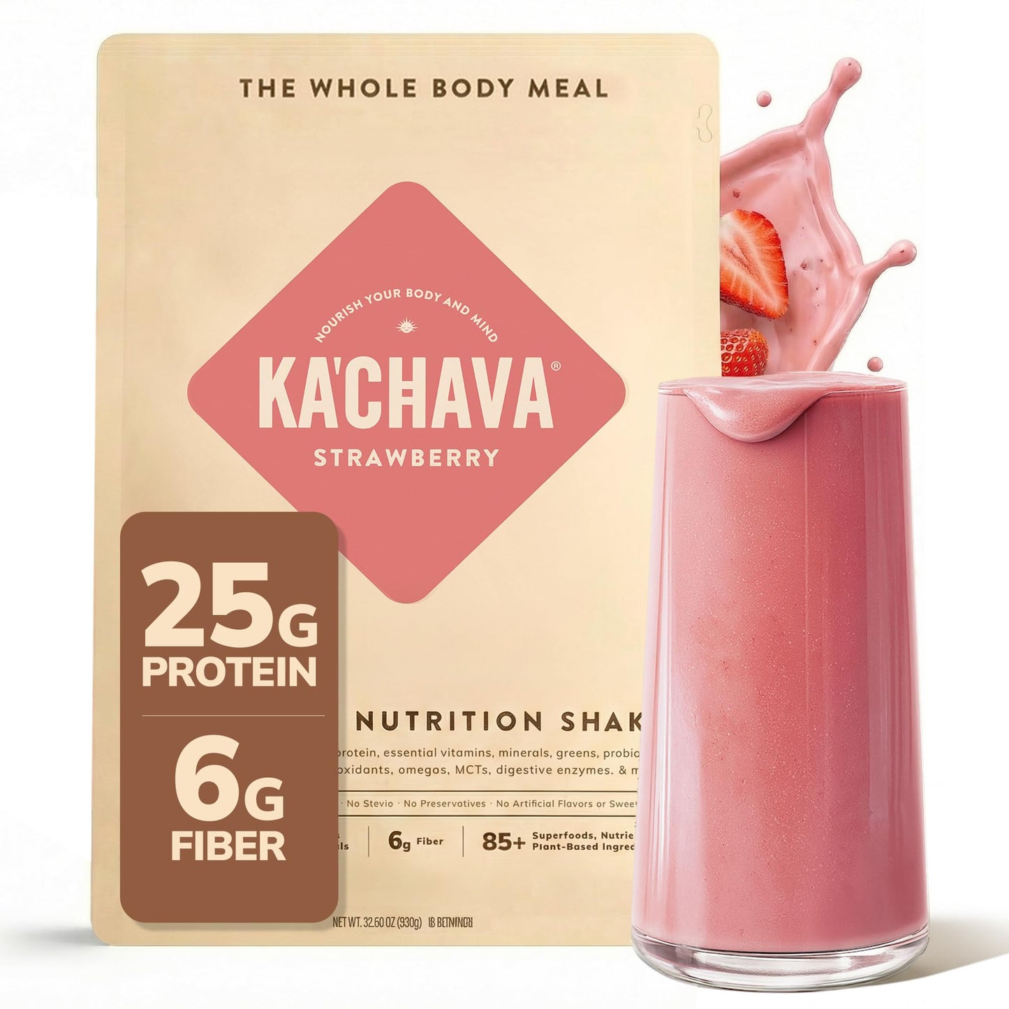 Ka’Chava All-In-One Nutrition Shake Blend, Strawberry, 15 Servings, 85+ Superfoods & Nutrients, Greens Plant-Based Powder Protein Drink, Digestive