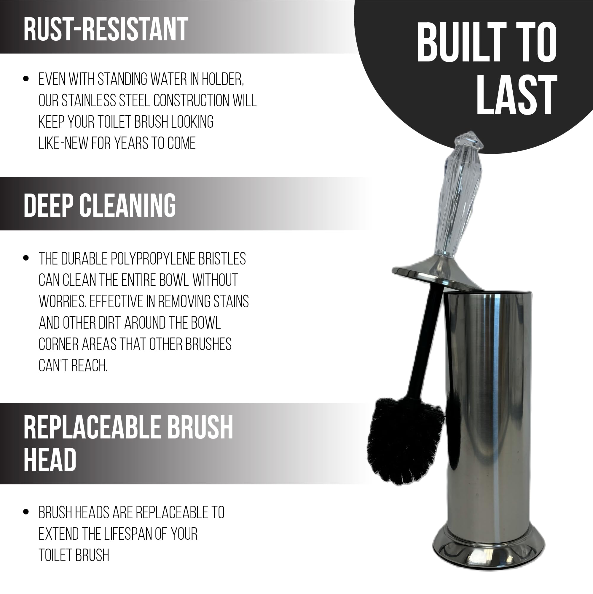 Splash Home Adora Stainless Steel Toilet Brush with Holder, Bowl Scrubber with Durable Cleaning Bristles, Hidden Brush with Splash Protective Disc