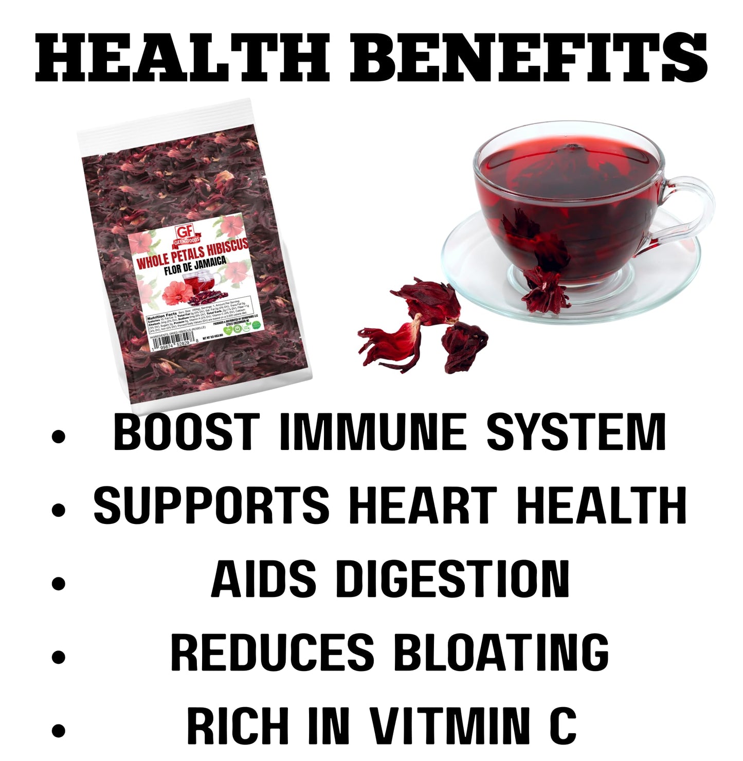 Geenafoods Dried Hibiscus Flowers _ 1lb Whole Petals, Flor de Jamaica- by Geenafoods in Resealable Bag.Pure Whole 100% NATURAL Petals Hibiscus flower