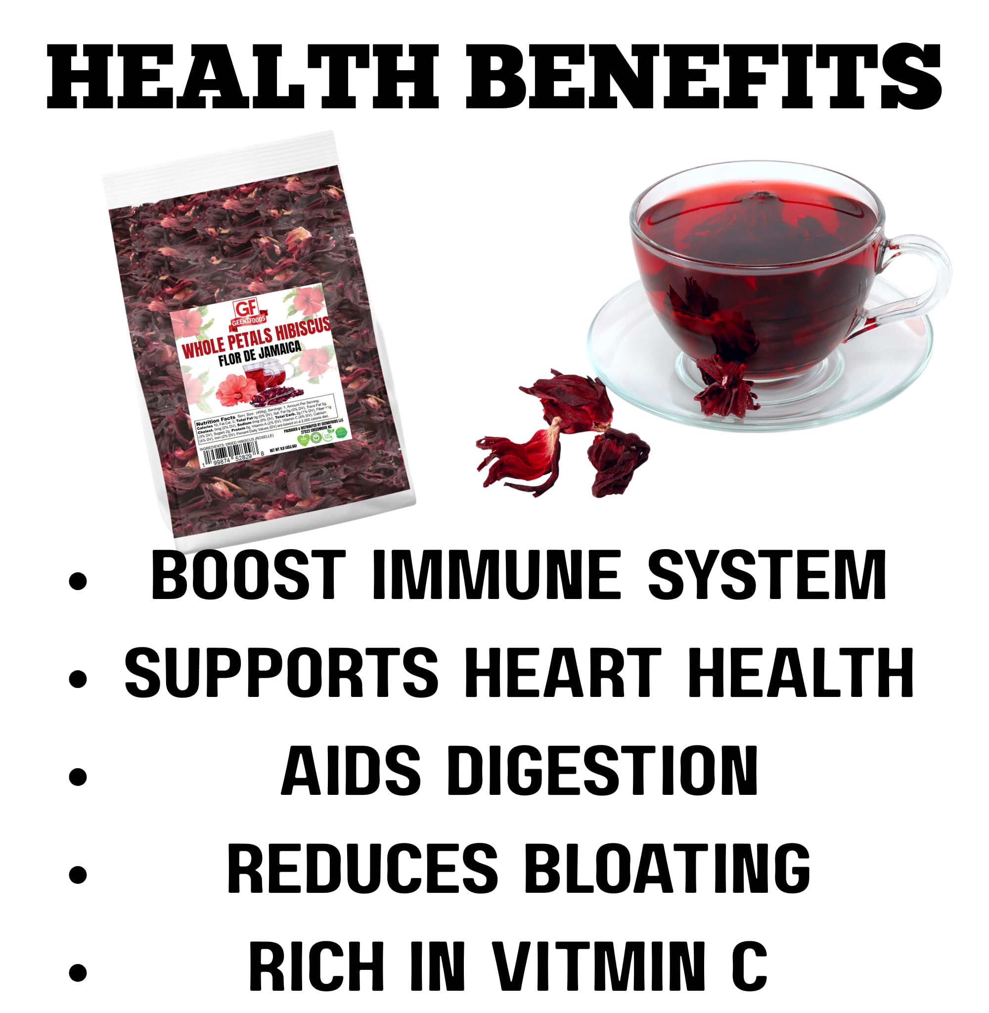 Geenafoods Dried Hibiscus Flowers _ 1lb Whole Petals, Flor de Jamaica- by Geenafoods in Resealable Bag.Pure Whole 100% NATURAL Petals Hibiscus flower